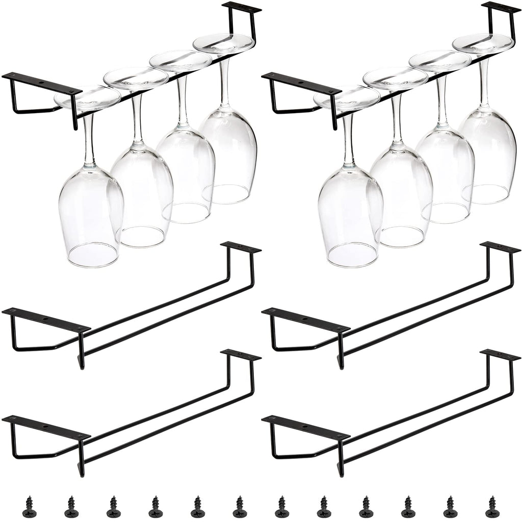 Dicunoy 6 Pack Wine Glass Rack, 14 Inch Black Under Cabinet Wine Glass Holder, Stemware Rack Holder, Iron Glasses Under Shelf Storage Hanger, Glasses Hanging Rack, Stemware Holder for Shelf, Bar