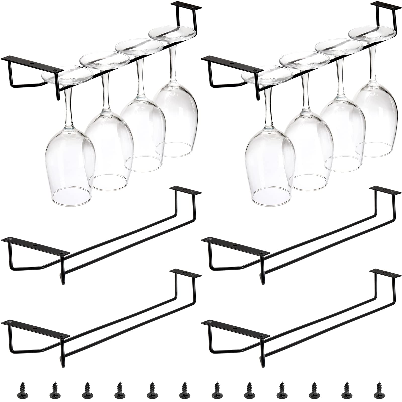Dicunoy 6 Pack Wine Glass Rack, 14 Inch Black Under Cabinet Wine Glass Holder, Stemware Rack Holder, Iron Glasses Under Shelf Storage Hanger, Glasses Hanging Rack, Stemware Holder for Shelf, Bar