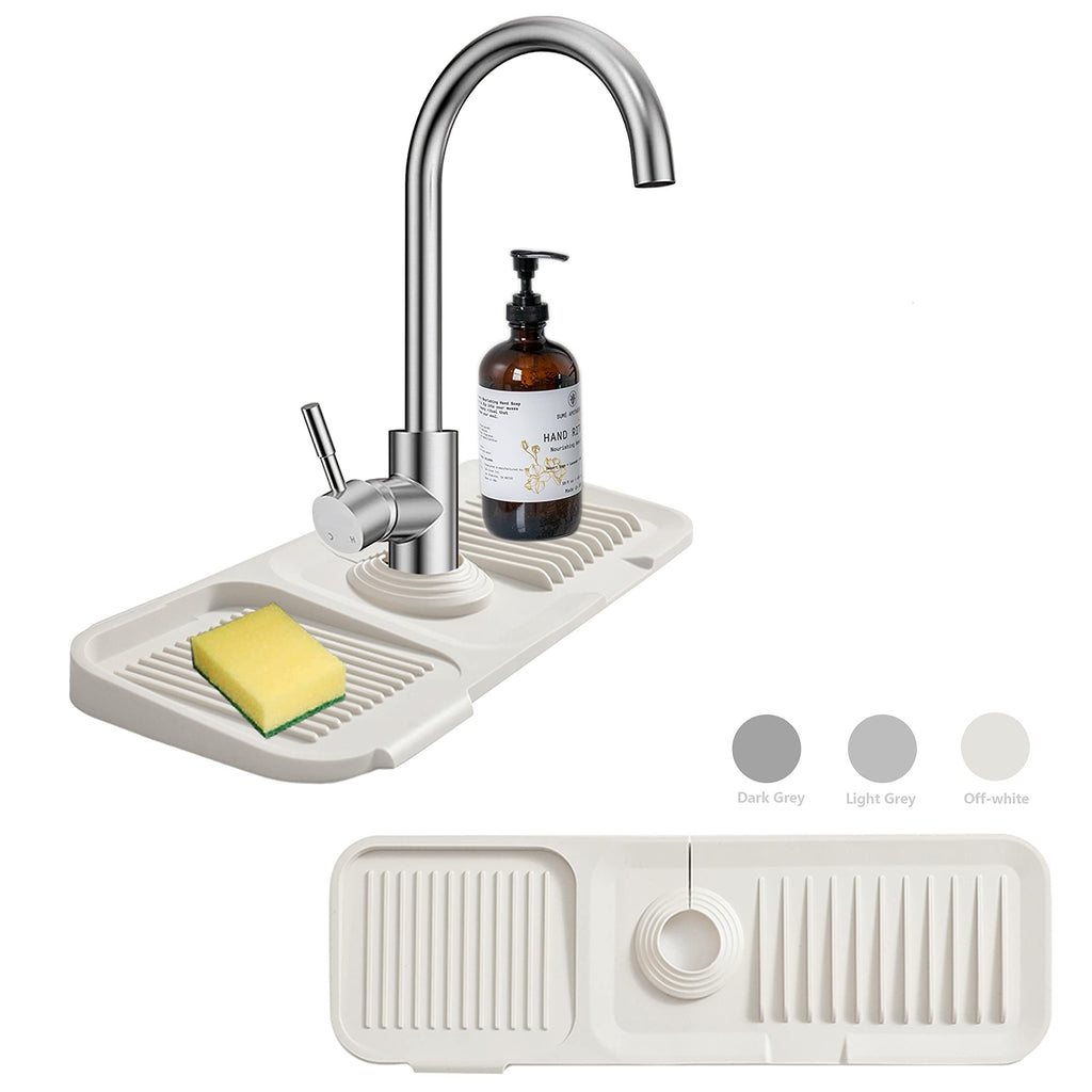MOODKEY Kitchen Sink Splash Guard Sponge Holder for Kitchen Sink Silicone Faucet Handle Drip Catcher Tray Sink Protector for Kitchen Sink Faucet Mat Fits the Faucet Tube within 2.5"(Off-white, 17.7'')