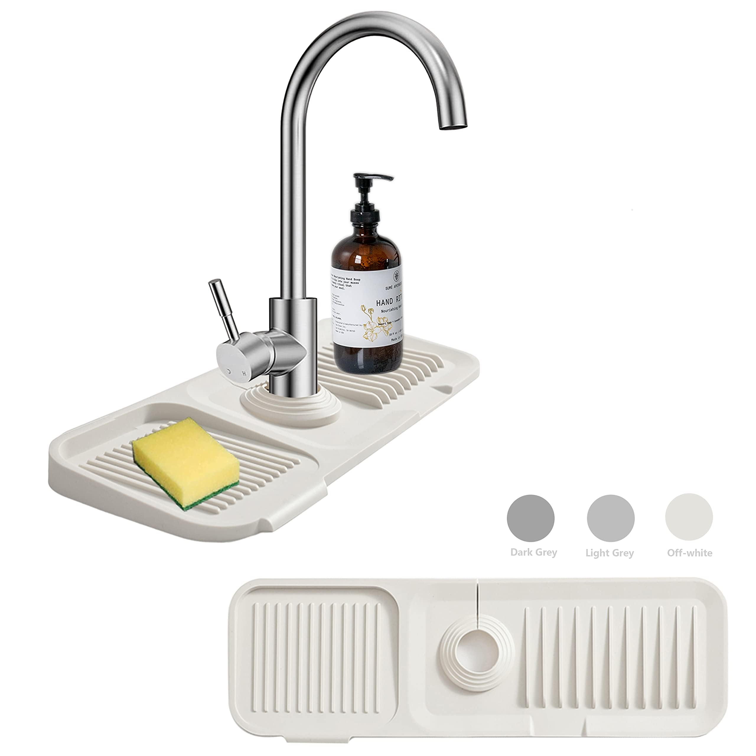 MOODKEY Kitchen Sink Splash Guard Sponge Holder for Kitchen Sink Silicone Faucet Handle Drip Catcher Tray Sink Protector for Kitchen Sink Faucet Mat Fits the Faucet Tube within 2.5"(Off-white, 17.7'')