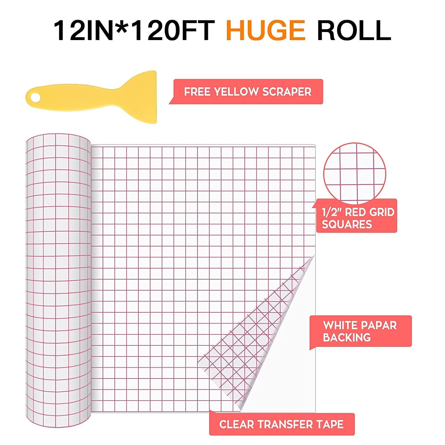 HTVRONT Transfer Tape for Vinyl - 12" X 120 ft w/Red Alignment Grid Transfer Paper Adhesive Vinyl, Vinyl Transfer Tape for Decals, Signs, Windows, Stickers