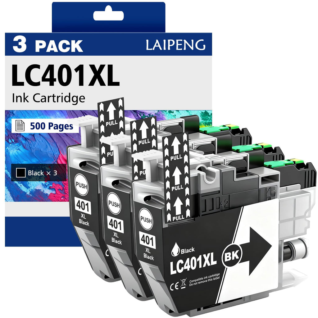 LC401XL 401XL LC401 Black Ink Cartridges Compatible for MFC-J1010DW MFC-J1012DW MFC-J1170DW MFC-J1800DW Printer High Yield (3-Pack, BK*3)