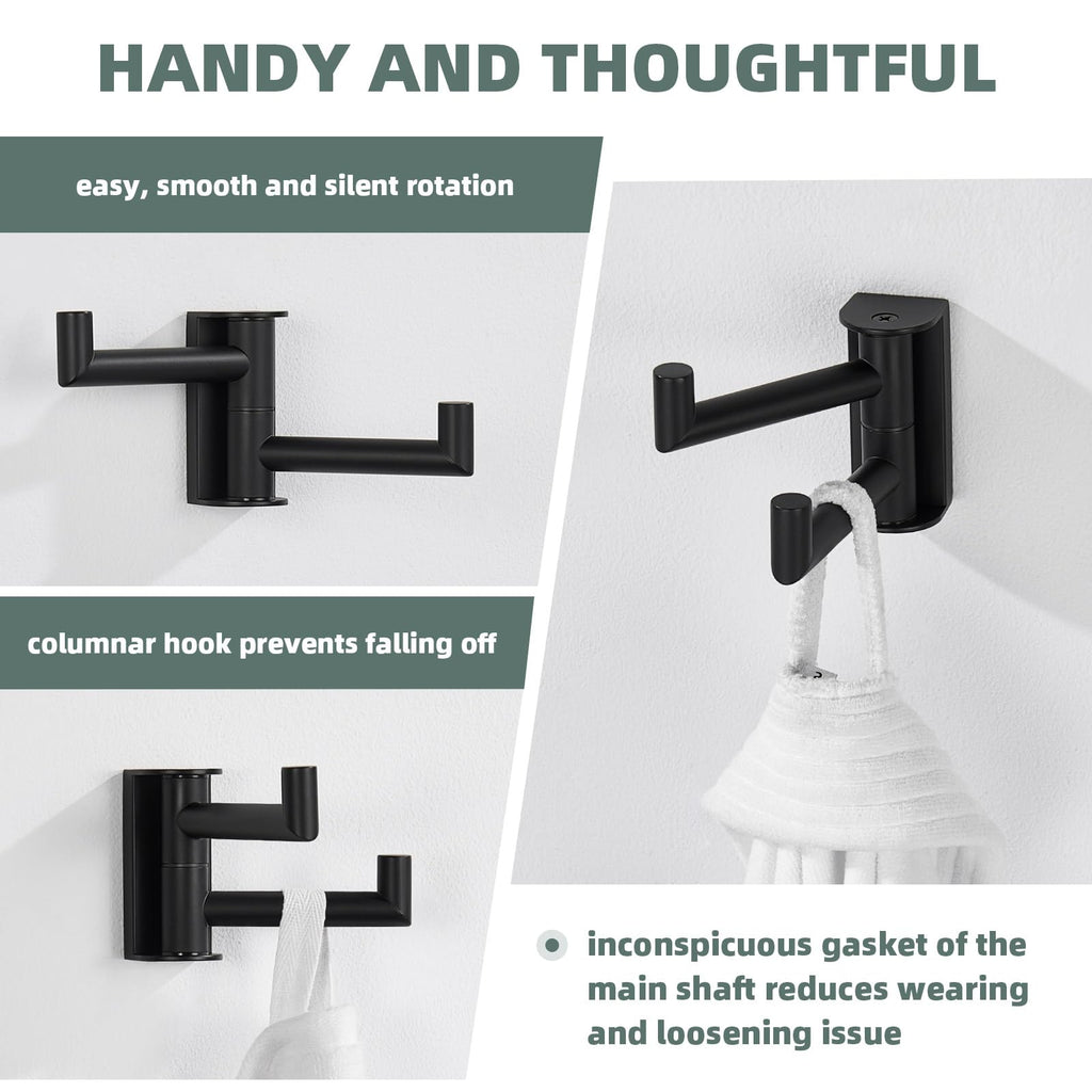 Angle Simple Swivel Double Towel Hook Matte Black, 304 Stainless Steel Robe Hook for Bathroom