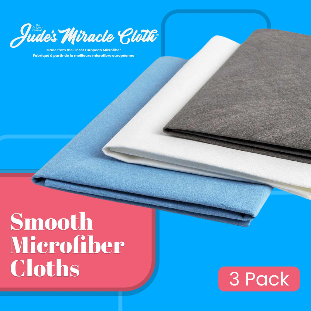 Jude's Miracle Cloth 3 Pack - White/Blue/Grey - Premium Smooth Microfiber Cloths - Chemical-Free, Lint-Free - Windows, Mirrors, Stainless Steel, Chrome, Stone Countertops, Plexiglass & So Much More!