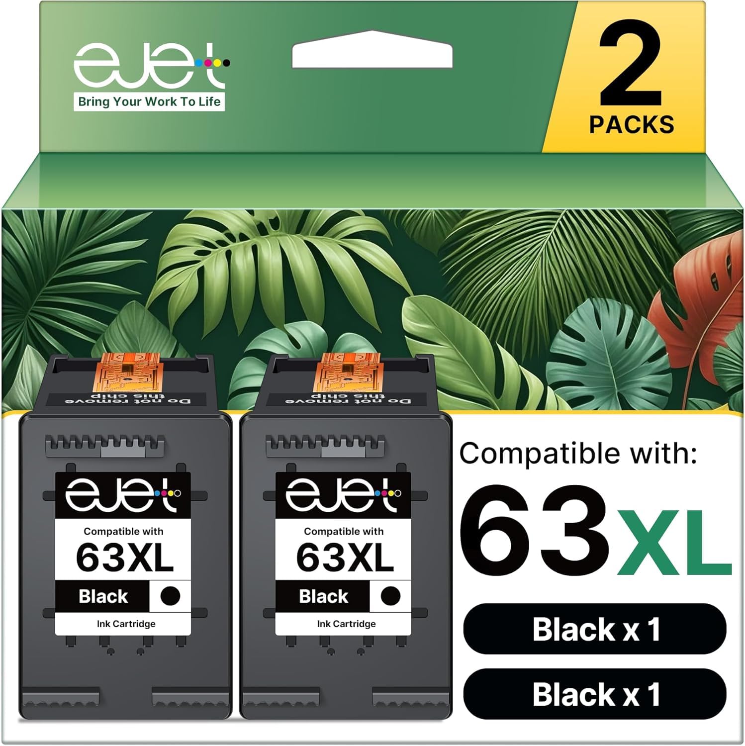 ejet Remanufactured 63XL Black Ink Replacement for HP 63XL Black Ink Cartridge, High Yield Work with OfficeJet 3830 4650 5255 Envy 4520 4512 4516 Deskjet 1112 3630 3634 3639 3632 2132 Printer(2 Black)