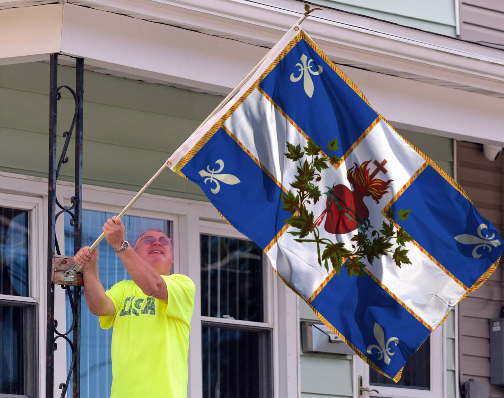 Double Sided Old Quebec Flag 3x5Ft, French Canadian Patriot Français Drapeau Carillon Sacré Coeur De Jésus Catholique RoiHouse Decoration Yard Garden Gift Banner