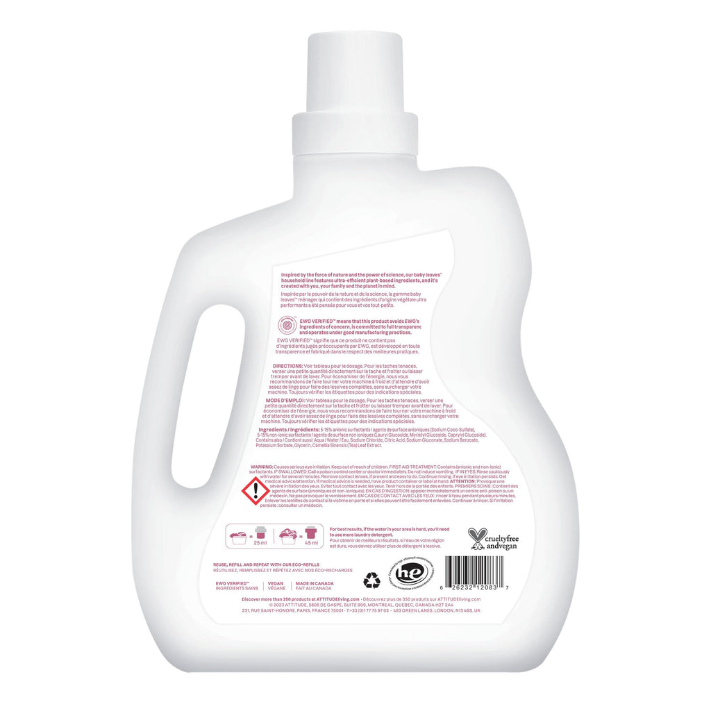 ATTITUDE Baby Laundry Detergent Liquid, Made in Canada, EWG Verified, Safe for Baby Clothes, Infant and Newborn, Vegan and Naturally Derived Washing Soap, HE Compatible, Unscented, 80 Loads, 2 Liters