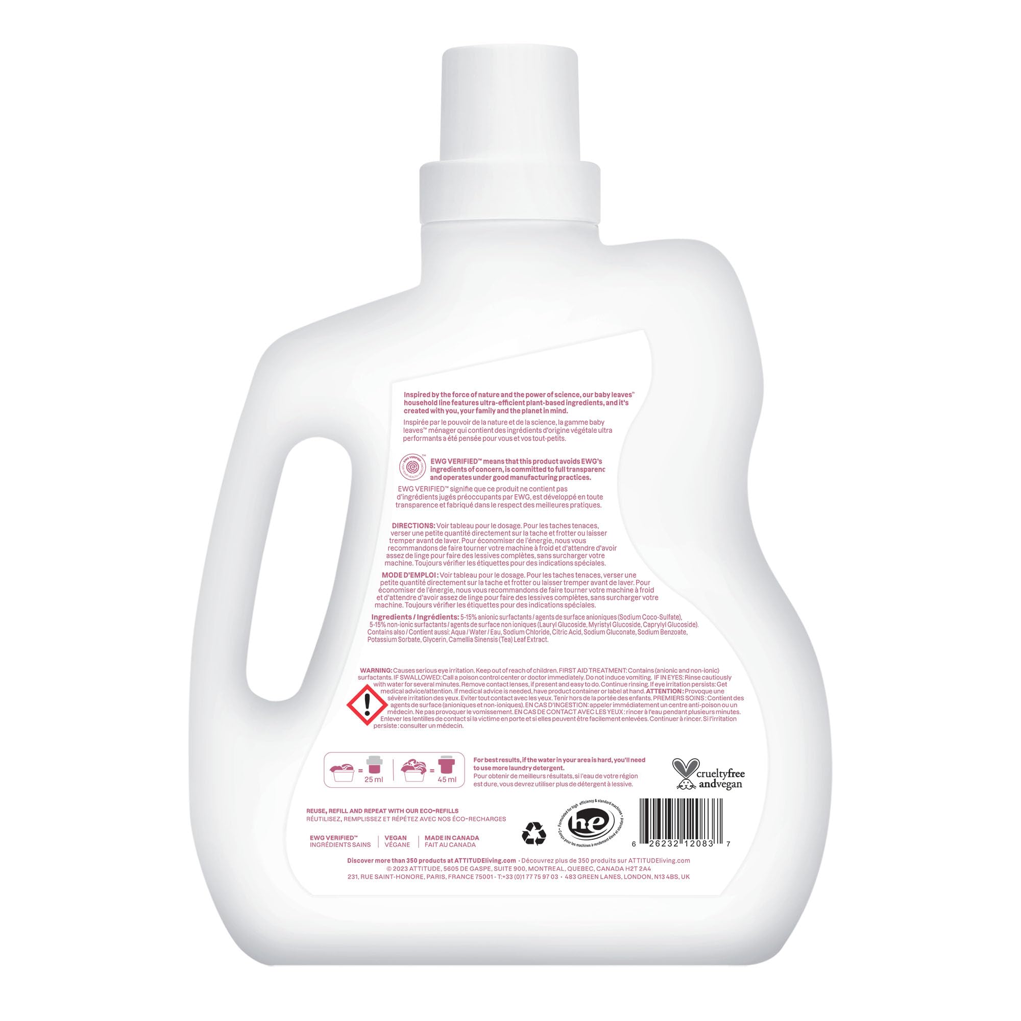 ATTITUDE Baby Laundry Detergent Liquid, Made in Canada, EWG Verified, Safe for Baby Clothes, Infant and Newborn, Vegan and Naturally Derived Washing Soap, HE Compatible, Unscented, 80 Loads, 2 Liters