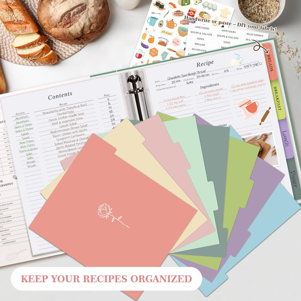 Lanpn Recipe Binder 8.5x11 3 Ring Kit, Blank Organizer Binder Recipe Book Waterproof Cookbook to Write in Your Own Recipes with 60 Plastic Sleeves,116 Recipes, Dividers,Labels & Stickers, Green