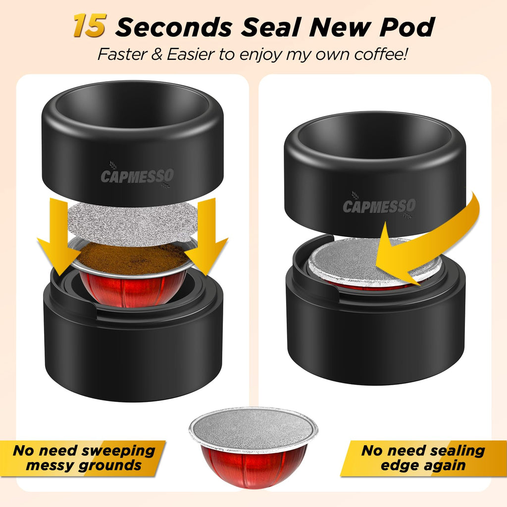 CAPMESSO Reusable Vertuo Pod Refill Kit, 2024 Newest Design for Faster Seal Reusable Nespresso Vertuo Pods with Fill & Press Brush,100pcs Aluminum Foil Lids for Refillable Nespresso Pods Vertuo