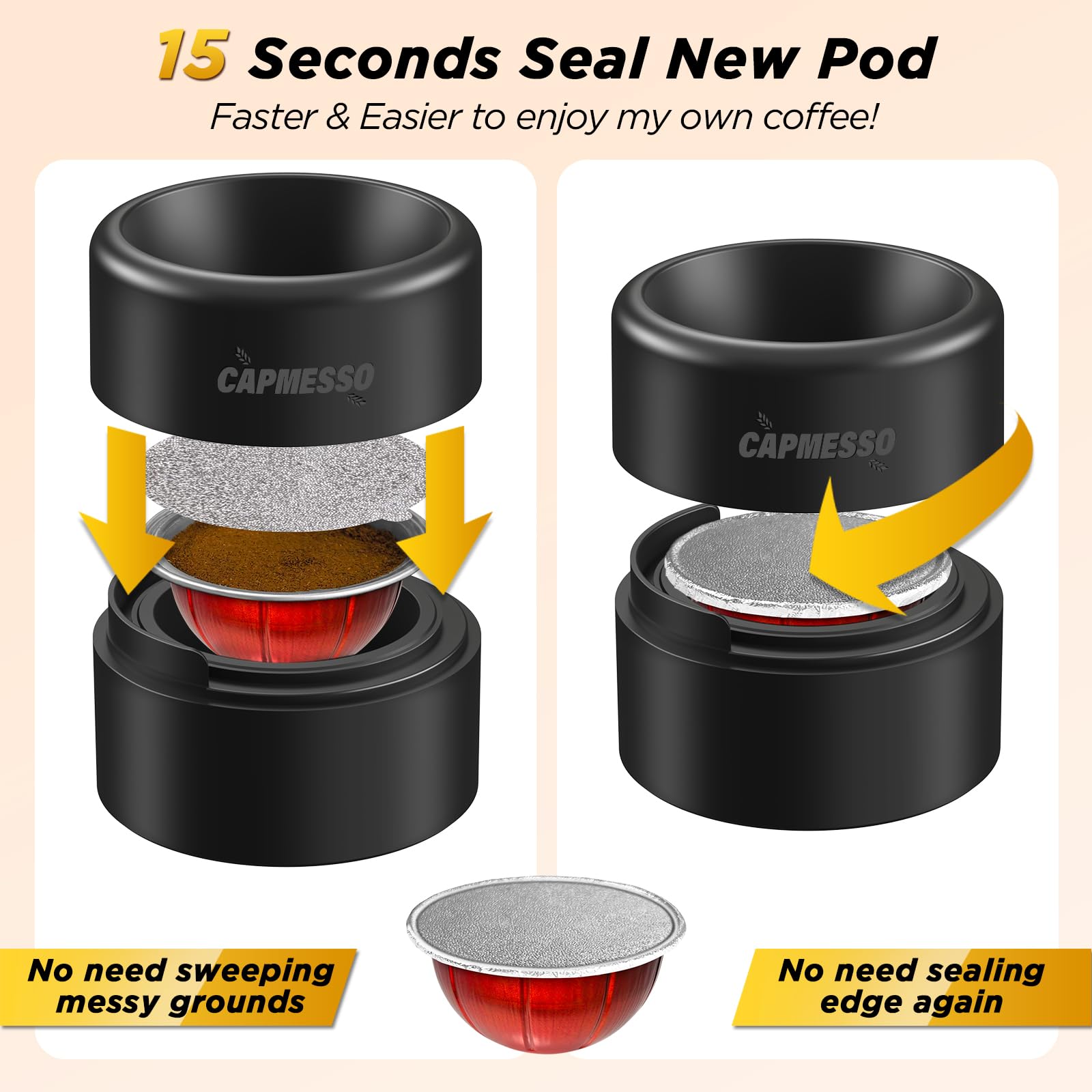 CAPMESSO Reusable Vertuo Pod Refill Kit, 2024 Newest Design for Faster Seal Reusable Nespresso Vertuo Pods with Fill & Press Brush,100pcs Aluminum Foil Lids for Refillable Nespresso Pods Vertuo