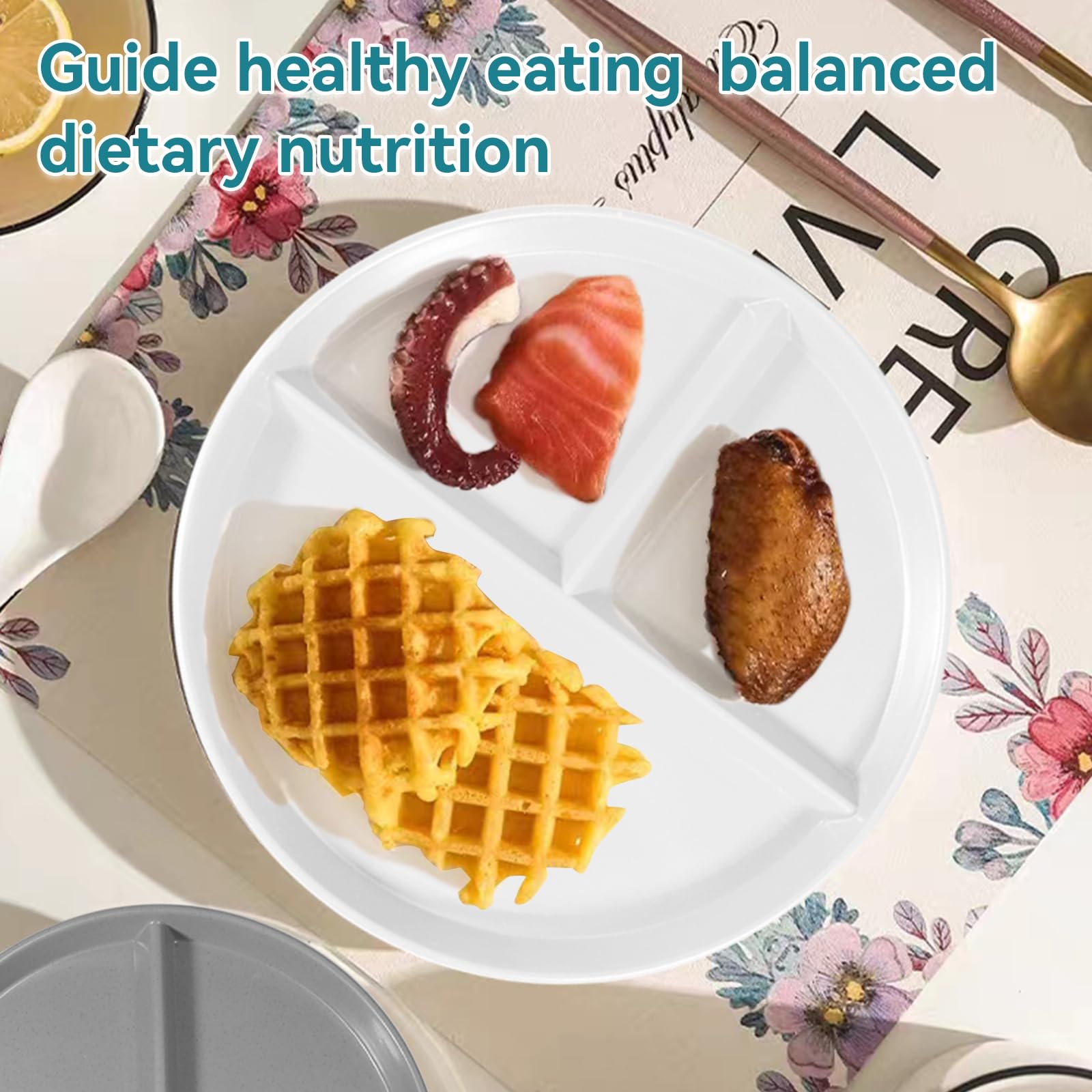 DYB DONGYONGBAO Portion Control Plate 9 Inch 5 Piece, Plastic Divided Plates for Adults with 3 Compartments, Microwave and Dishwasher Safe，Suitable for Adult and Kids