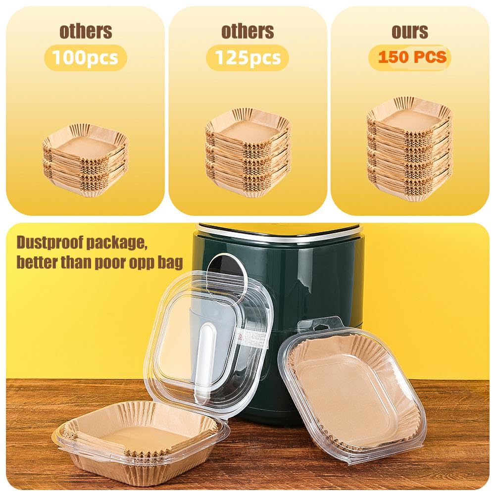 7.5 Inch Air Fryer Parchment Paper Liners Square,150 Pcs Non-Stick &Oil-Proof Air Fryer Liners Disposable for 2-5 QT Frying,Baking,Roast
