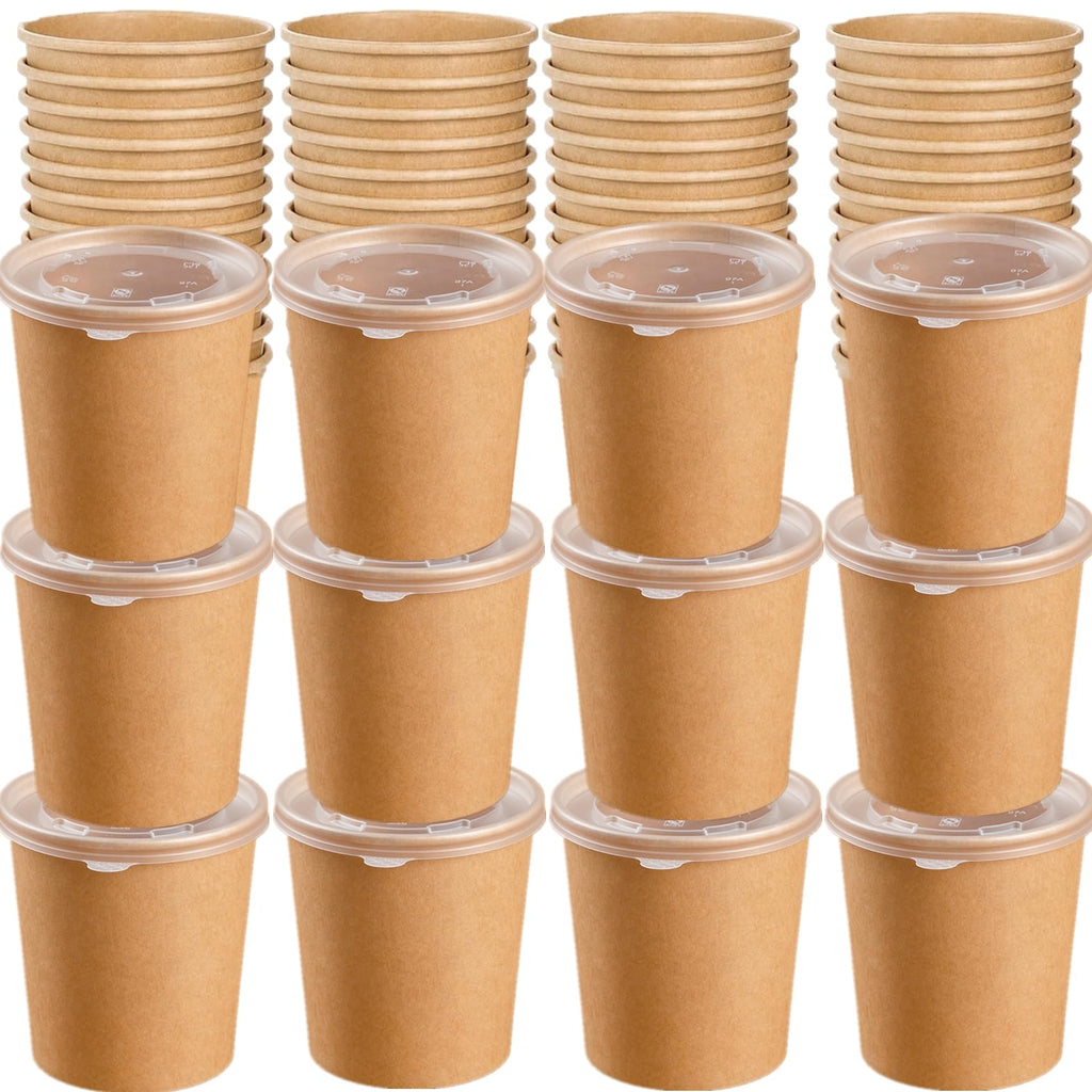 HningBuyox 80 Pack Paper Food Containers with Lids, 16 Oz to Go Hot Soup Bowls, Disposable Ice Cream Take Out Cups for Christmas Thanksgiving Microwavable Safe, Brown