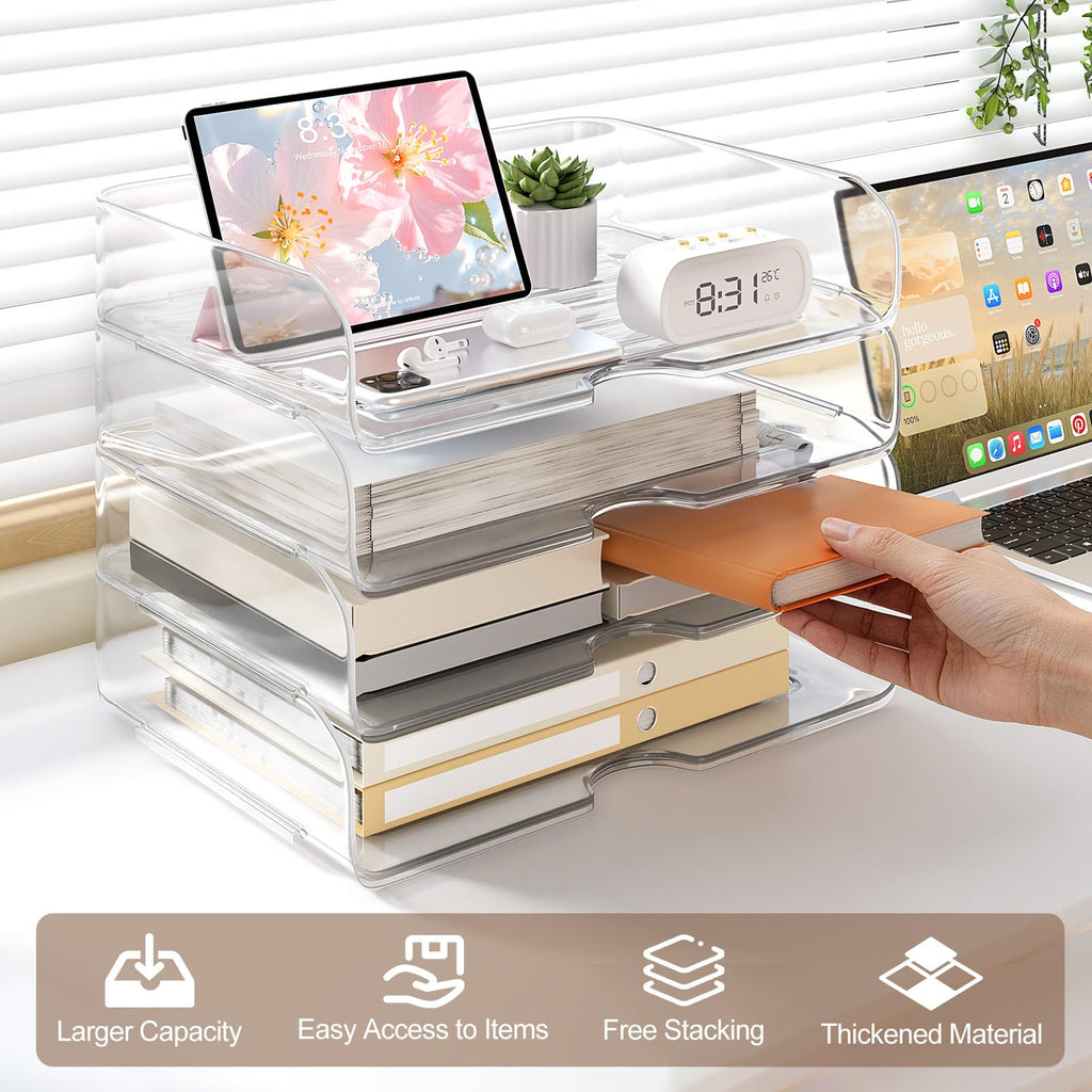 File Organizer Large-Capacity Desk Organizer, Clear Stackable & Acrylic Paper Tray Transparent Paper Organizer Easy Access for Home Office & School