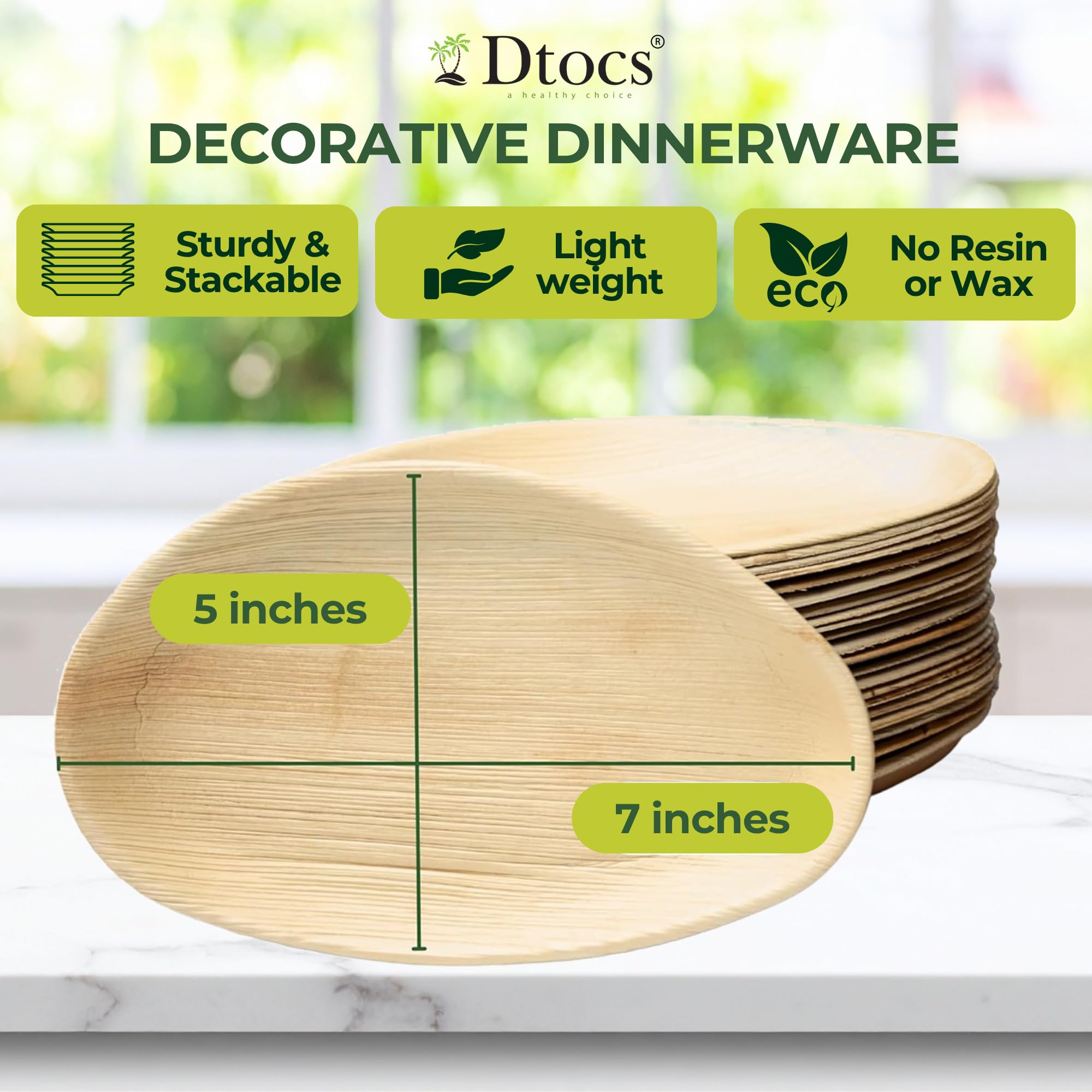 Dtocs Palm Leaf Disposable Plates 7x5 Inch Oval (50) | Wooden, Bamboo Plates Look | Dinnerware Set for Appetizer, Dinner, Mini Charcuterie Boards | Disposable Alt to Plastic, Wood, Paper Plates