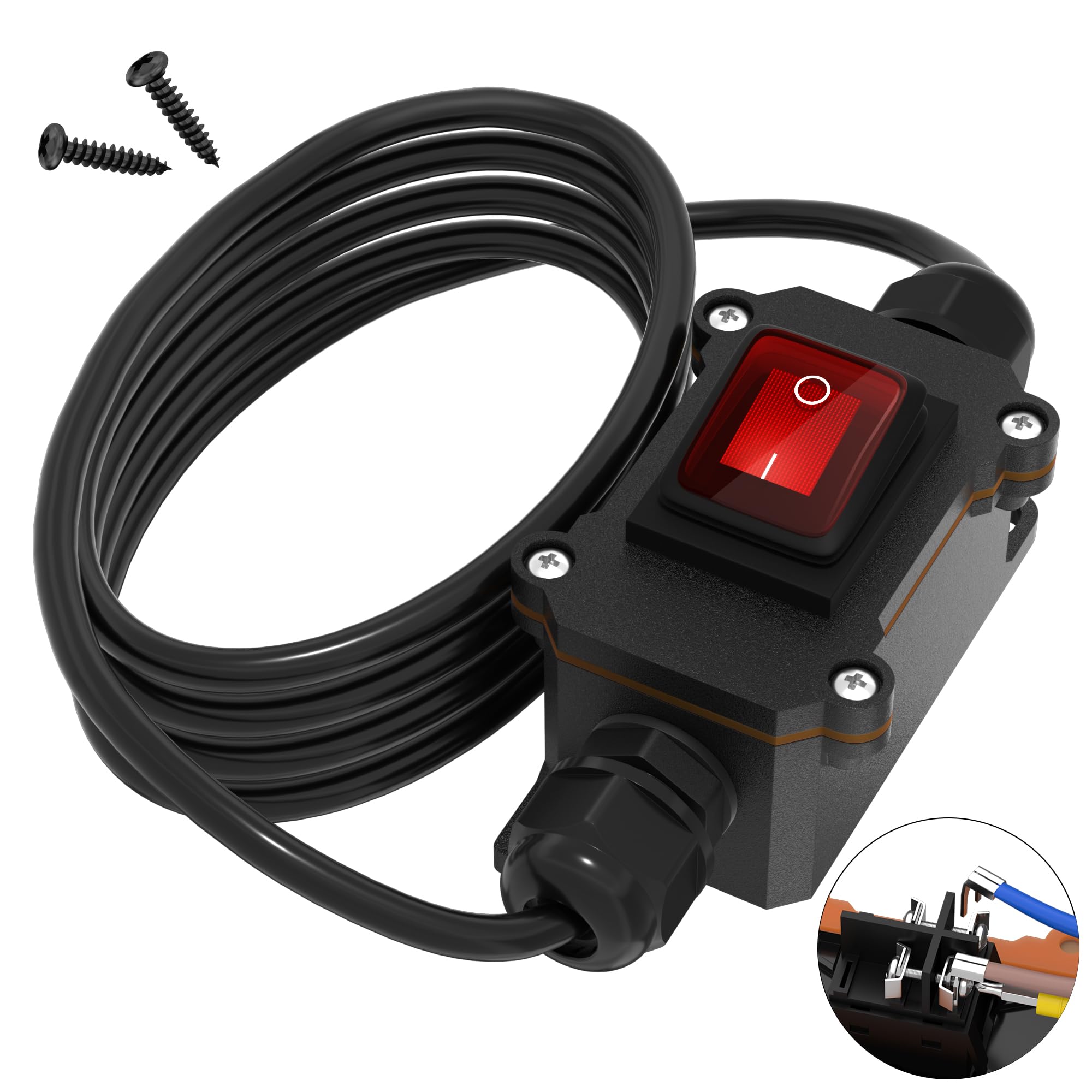 RVBOATPAT Inline Cord Switch 12V 20A DC Waterproof Inline Switch IP66 Red Lighted 2 Position 4 Pin DPST with 14 AWG Wire Outdoor Power Lamp ON/Off Switch KCD2