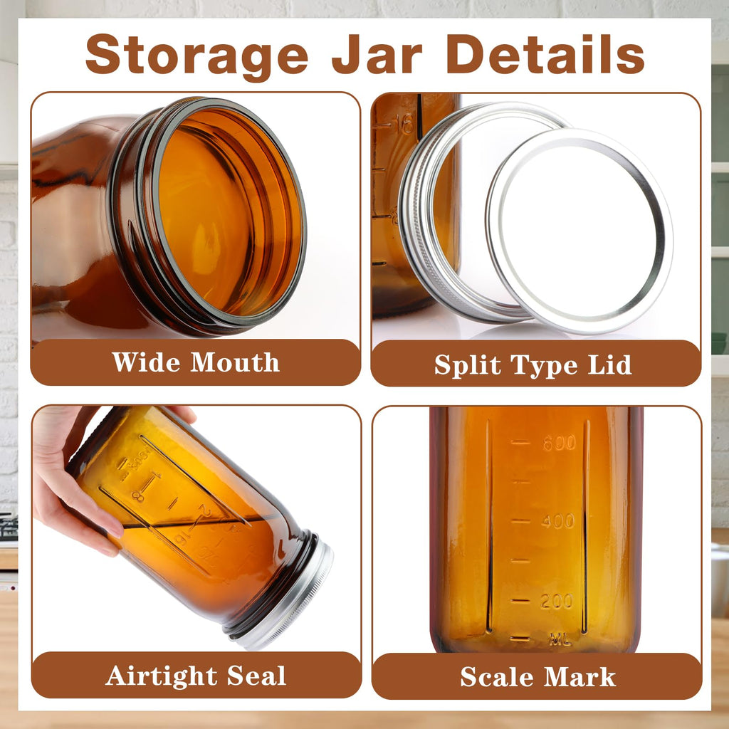 CARBLIN 4 Pack Amber Wide Mouth Canning Jars with Airtight Lids, 32 oz Glass Pint Jars for Jam Fermenting Preserving