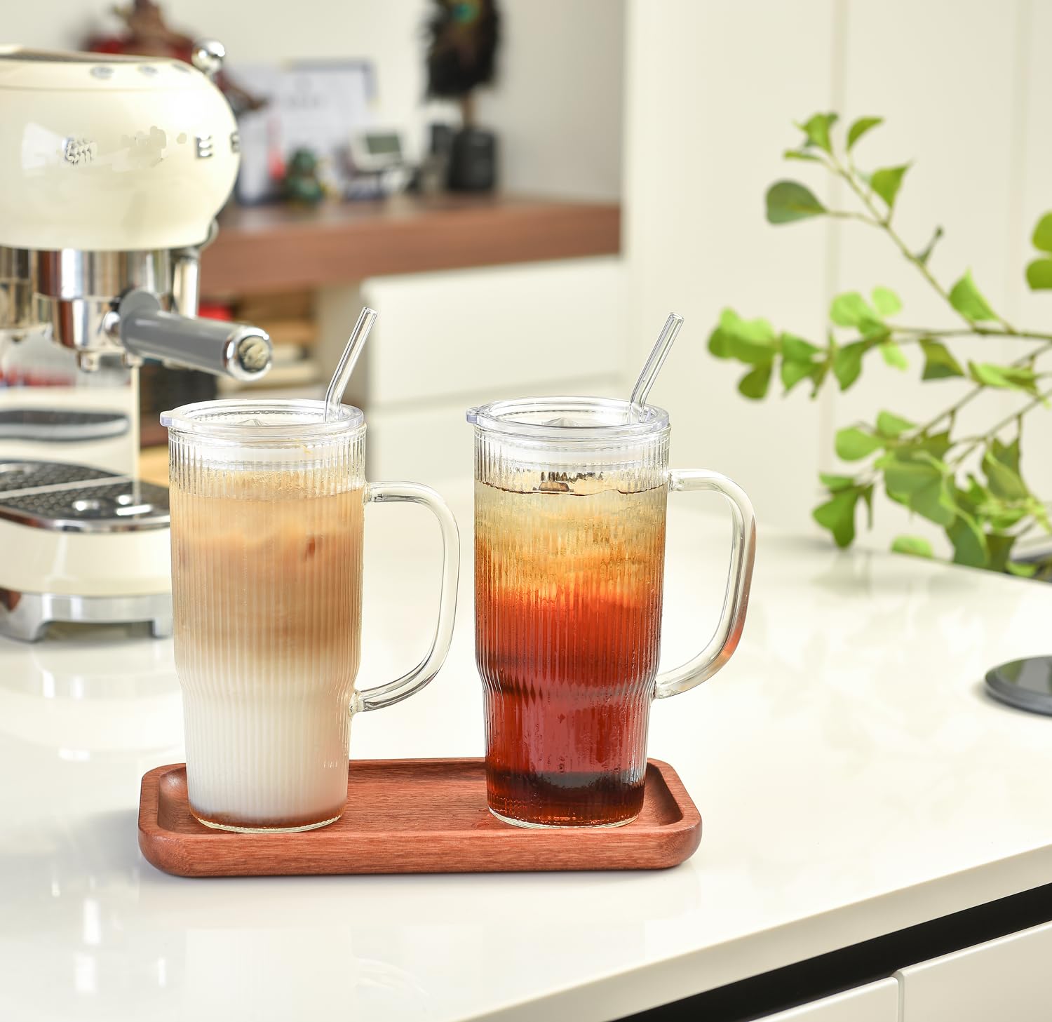 ALINK 2 Pack 24 oz Ribbed Glass Tumbler with Handle Lid and Straw,Glassware Set Ripple Large Iced Coffee Cups, Aesthetic Glass Travel Tumbler for Hot & Cold Beverages, Smoothies, Tea and Juice