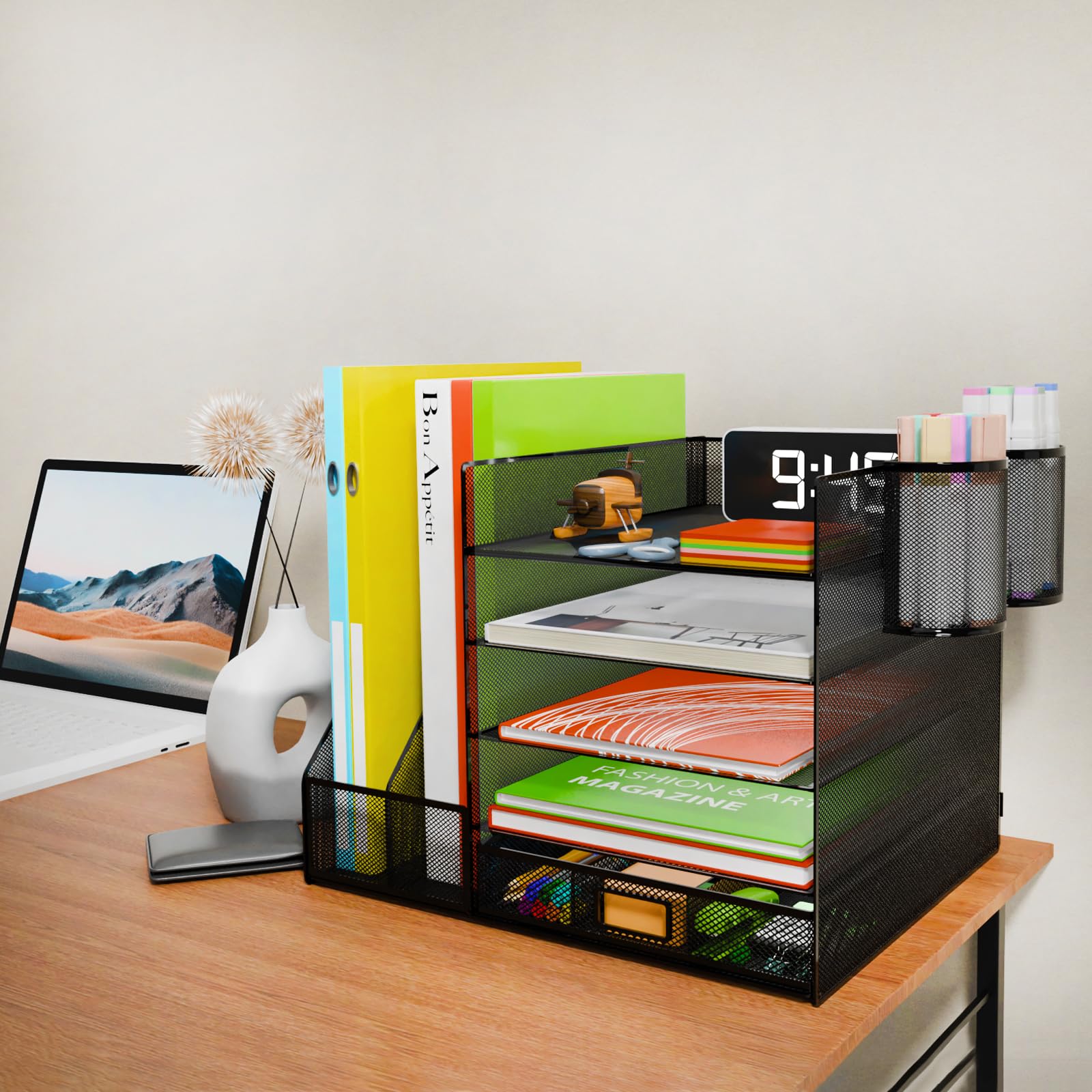 Desk Organizer with File Holder, 5-Tier Letter Paper Tray Organizer with Drawer & 2 Pen Holders, Desk Organizers and Accessories, Mesh Desktop File Organizer and Storage for Office Supplies