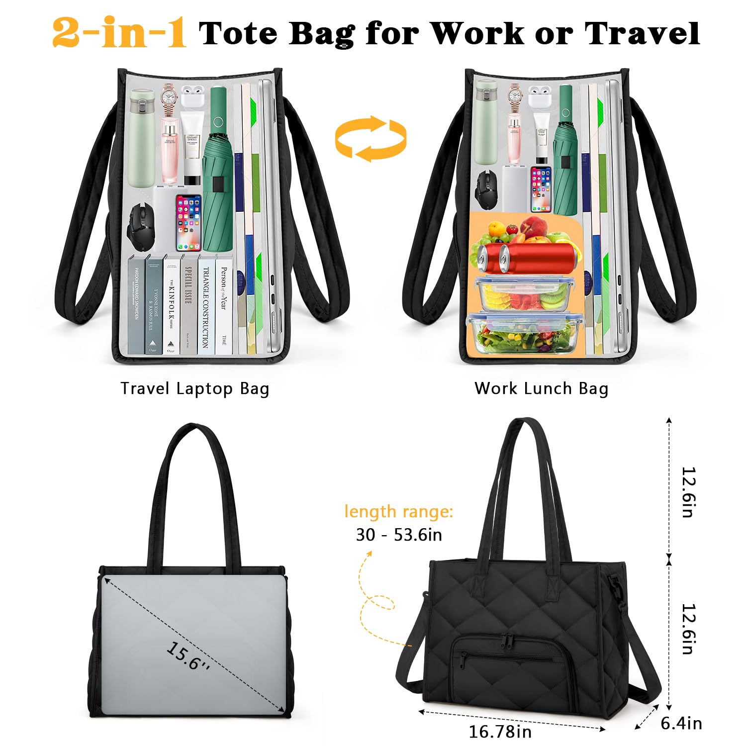 ZOMFELT Lunch Tote Bag for Women, 15.6 Inch Puffer Laptop Lunch Bag, Quilted Large Work Tote Bag with Insulated Lunch Compartment, Womens Lunch Bags for Work, Travel, Nurse, Teacher, Camping, Black