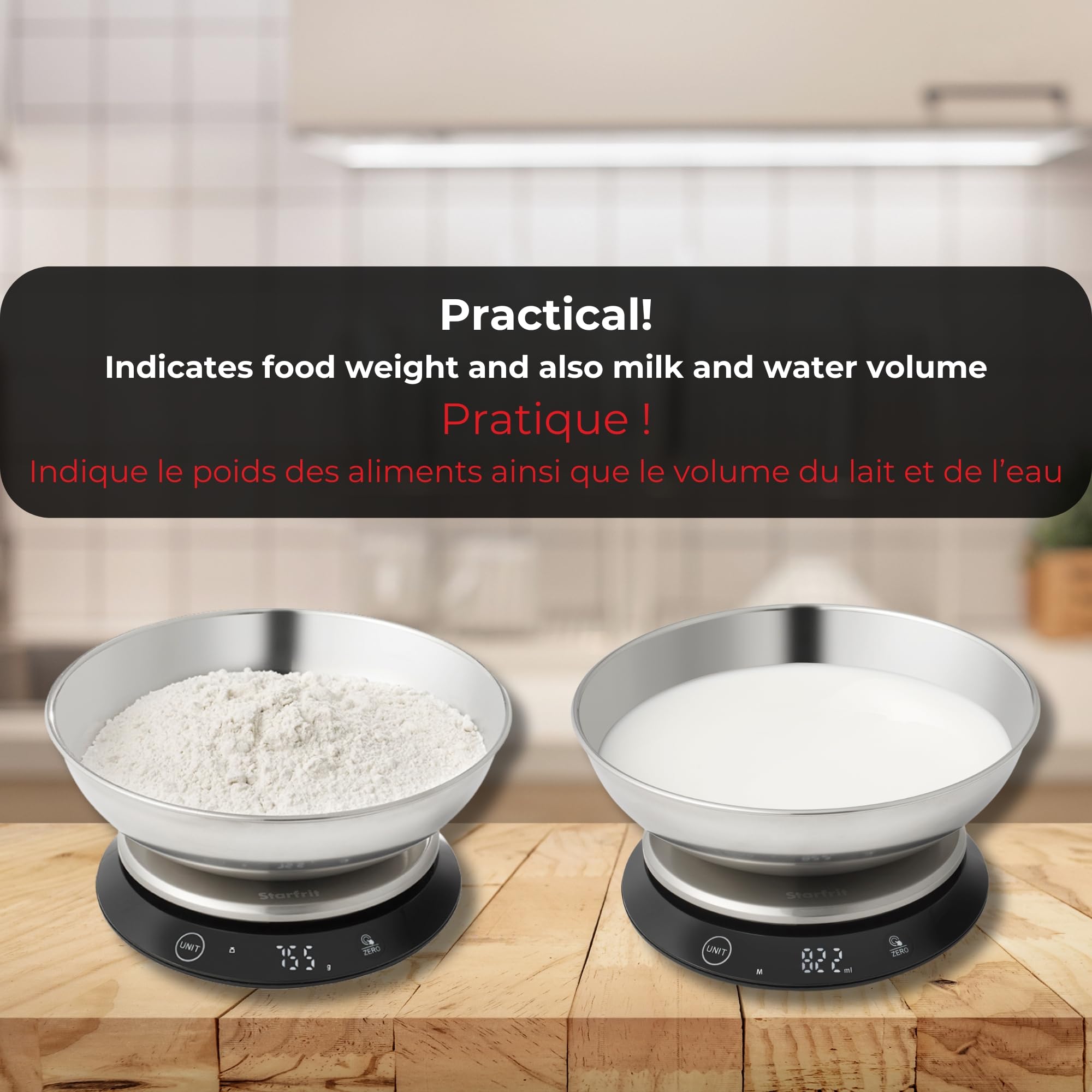 Starfrit Digital Baking Kitchen Scale - Stainless Steel Removable Bowl - 11 lb / 5 kg Capacity - Black