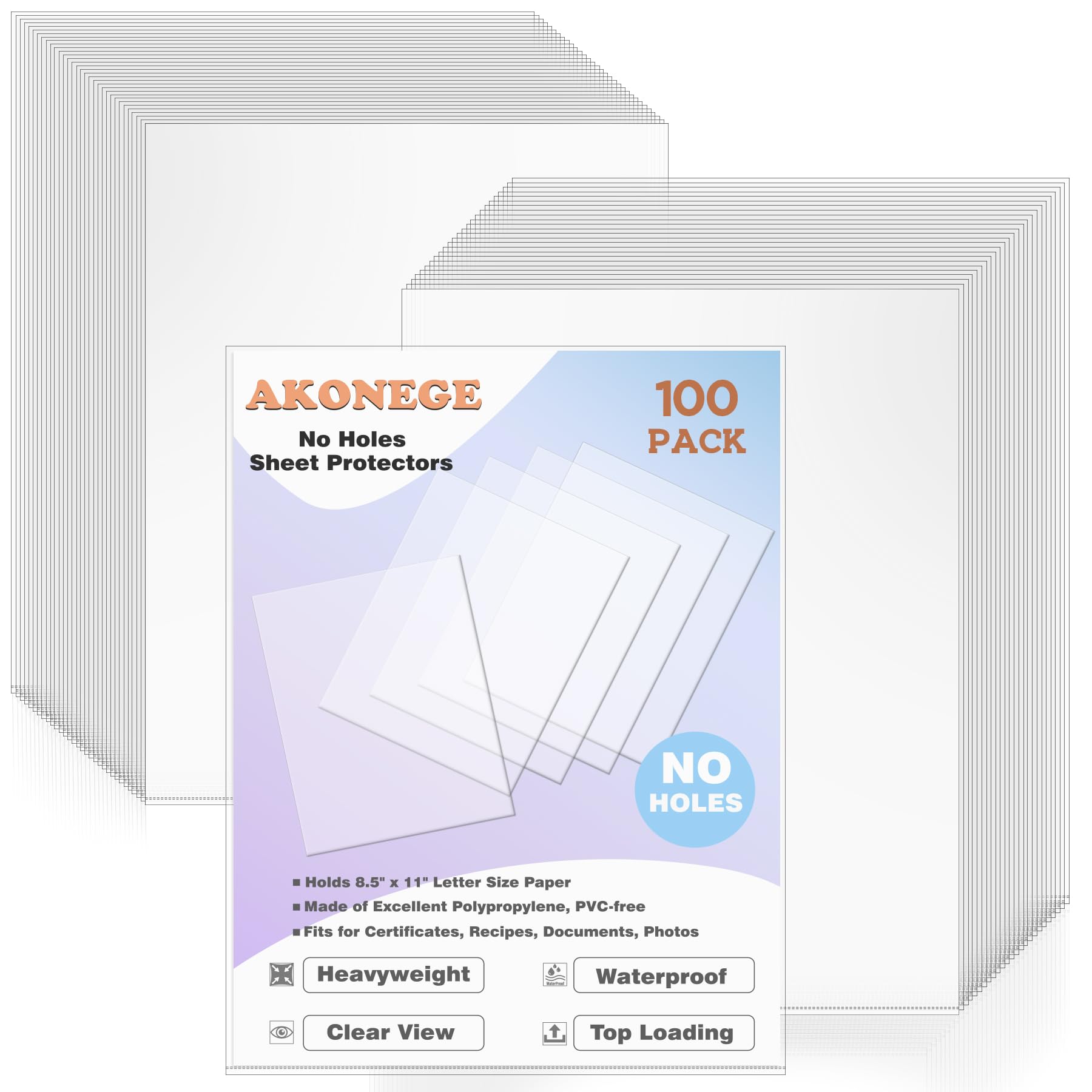 AKONEGE 100 Pack No Holes Sheet Protectors, 8.5 x 11 Inch Letter Size, Polypropylene (PP), Top Loading, Heavyweight Plastic, Clear View, Document & Artwork Protectors