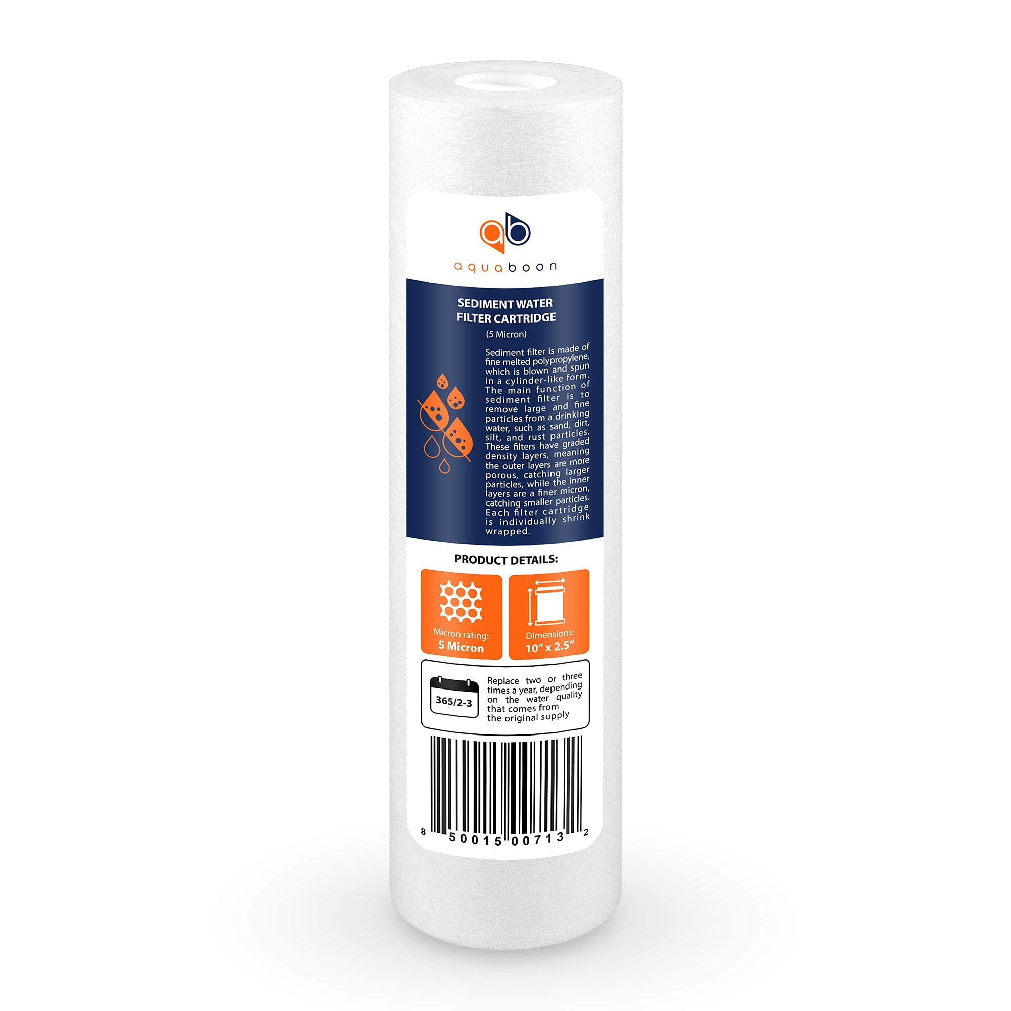 Aquaboon 5 Micron Water Filter 10" x 2.5" PP Universal Sediment Filters for Well Water - Water Filter Replacement Cartridge for Any Standard RO Unit Compatible with Aqua Pure AP110, AP101T (6 Pack)