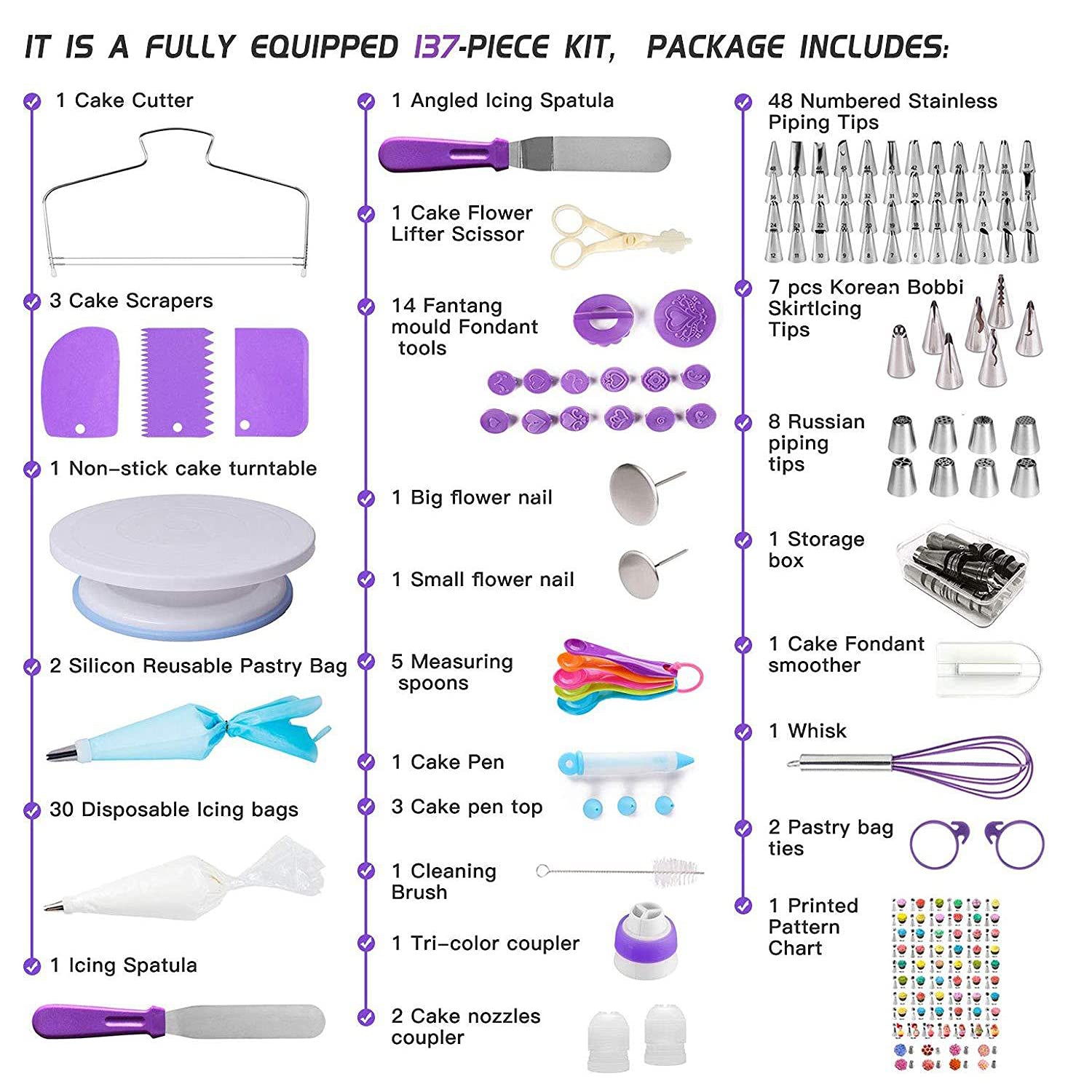 BESUNTEK Cake Decorating Supplies Kit with Turntable, 137 Pcs Reusable Stainless Steel Professional Cake Decorating Kit, Piping Bags, Baking Supplies, Purple
