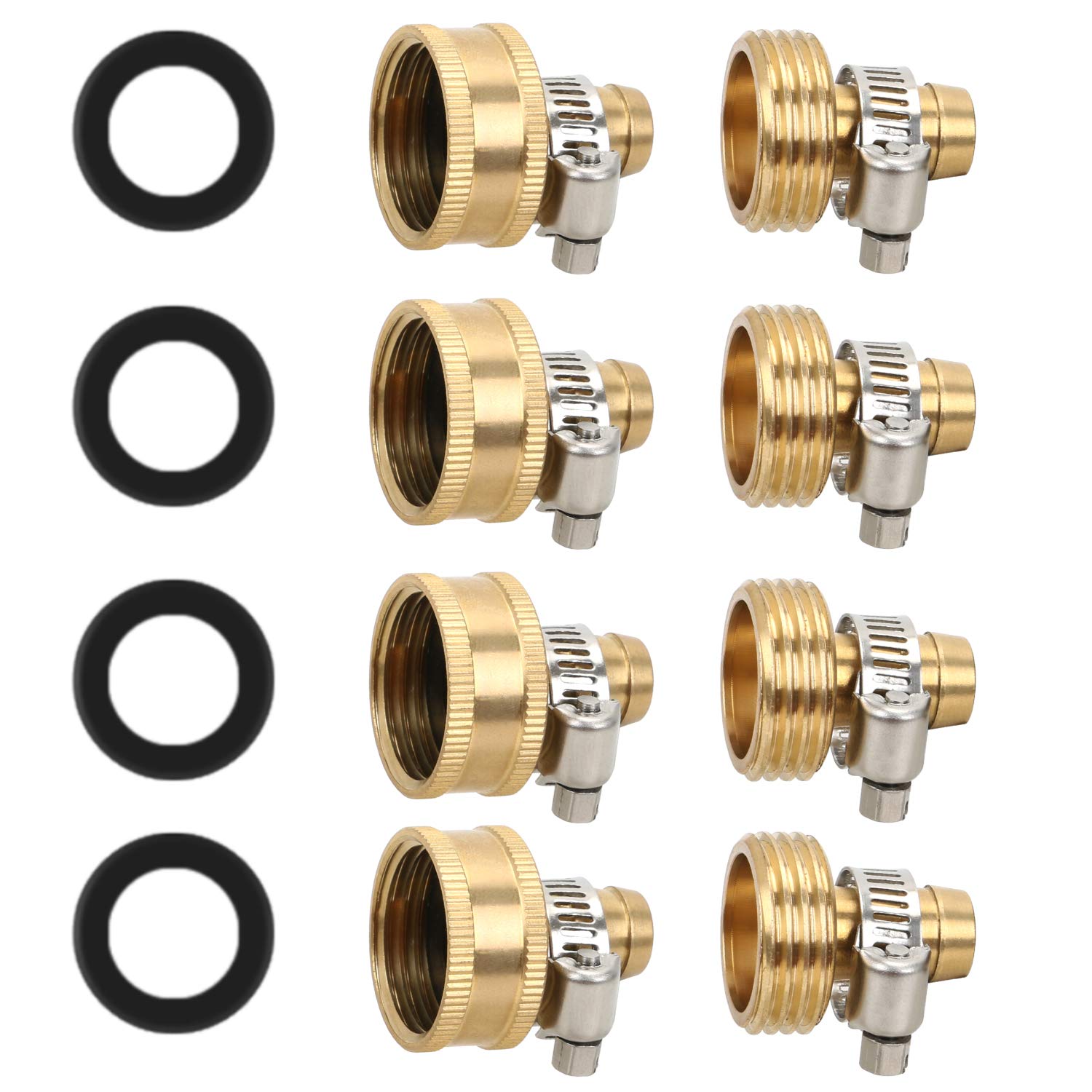 STYDDI Solid Brass 1/2-Inch Hose Repair Kit, Heavy Duty 1/2" Water Hose Ends Female and Male Replacement Connector with Clamps, Fit All 1/2-Inch Garden Hose, 4 Set