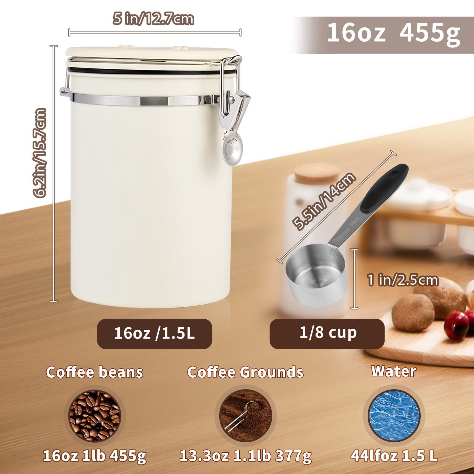 Coffee Container,Airtight Coffee Canister,16 OZ Stainless Steel Kitchen Food Savers for Coffee Beans,Grounds,Tea,Cereal,Sugar,Coffee Jar with Date Tracker and Scoop,Beige.