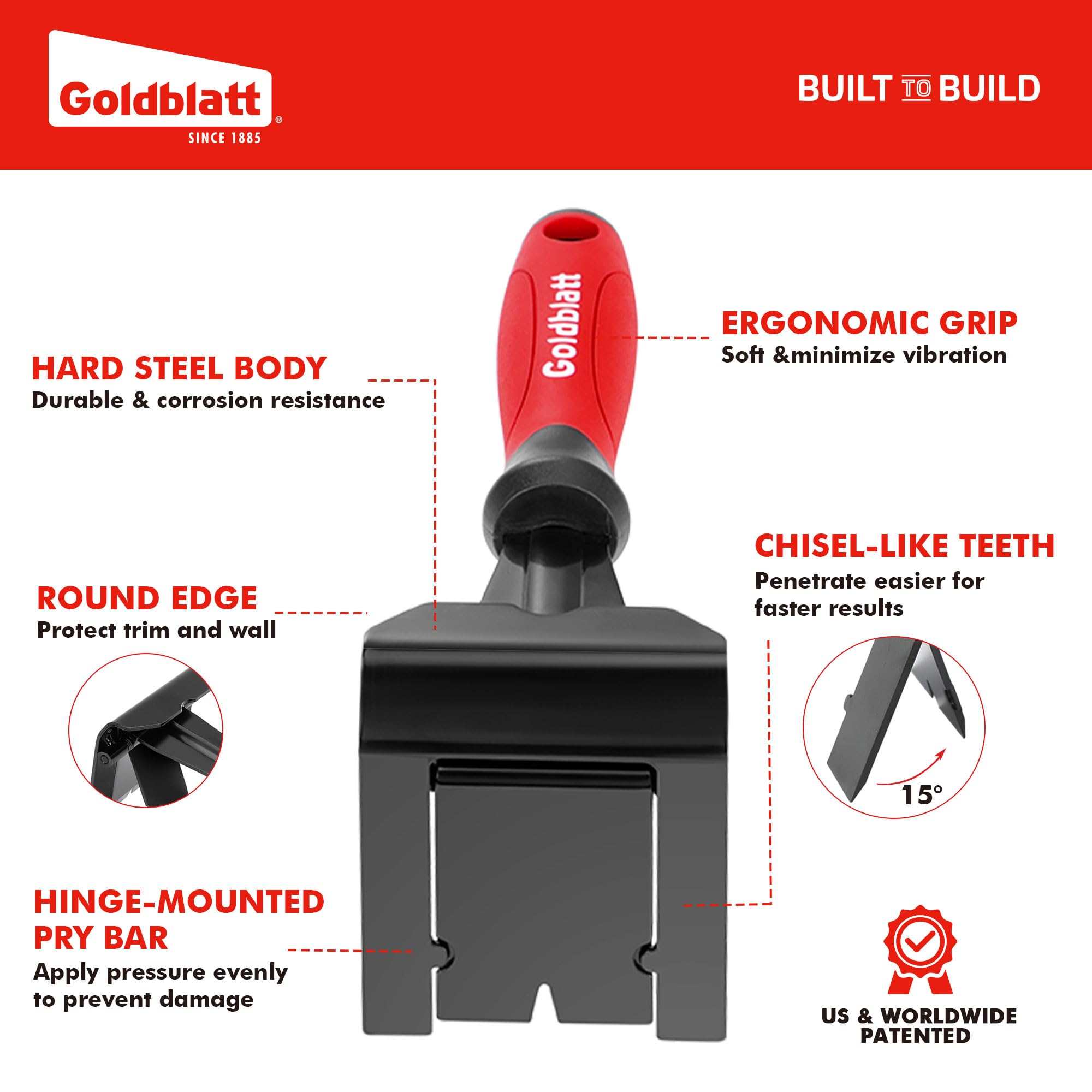 Goldblatt Trim Removal Tool, 3-Inch Baseboard Removal Tool for No-Damage The Surface, Heavy Duty Pry Bar Removal Multi-Tool for Carpet Tack Strip, Baseboard, Molding, Siding and Flooring Removal