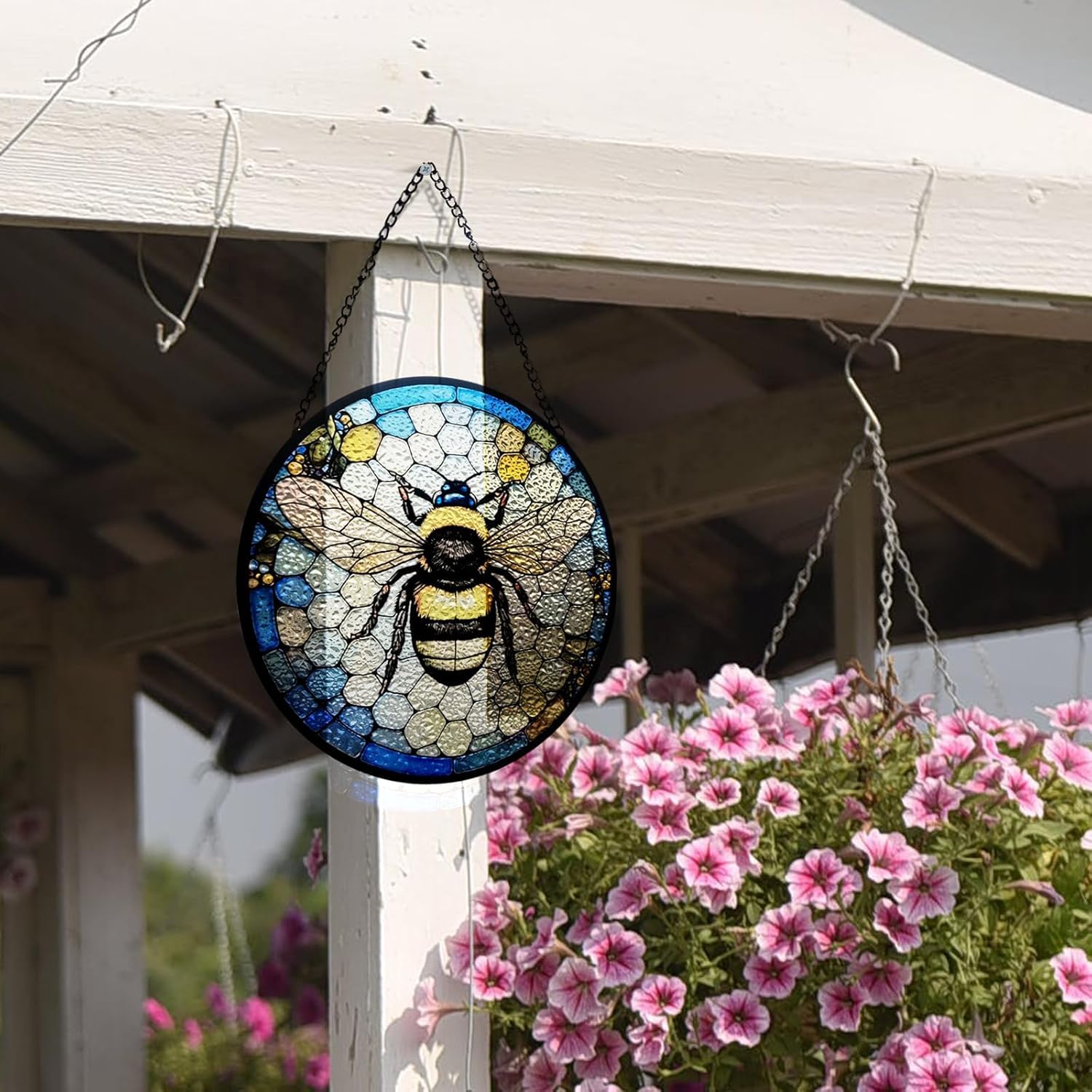 Huyfoig Ice Crack Bee Stained Glass Window Hanging, Bumblebee on Honeycomb Suncatchers for Windows Hanging Ornament for Home, Office Decor Christmas Birthday Gift for Mom Grandma (8""/20cm), HUY216