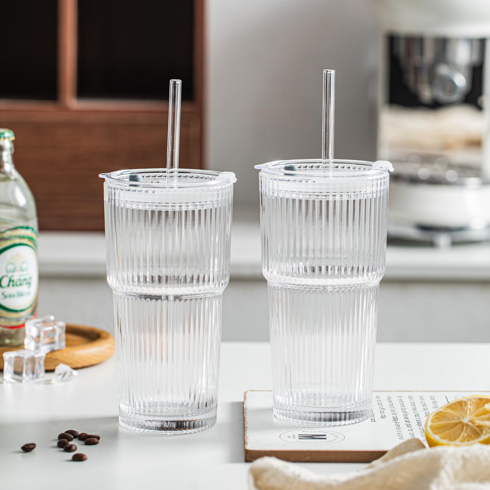 INSETLAN 20 oz Ribbed Glass Tumblers with Lids and Glass Straws – 4-Piece Glassware Set, Heavy-Duty Tumblers, Ideal for Iced Coffee, Smoothies, Cocktails, and Juices – Elegant and Durable Drinkware