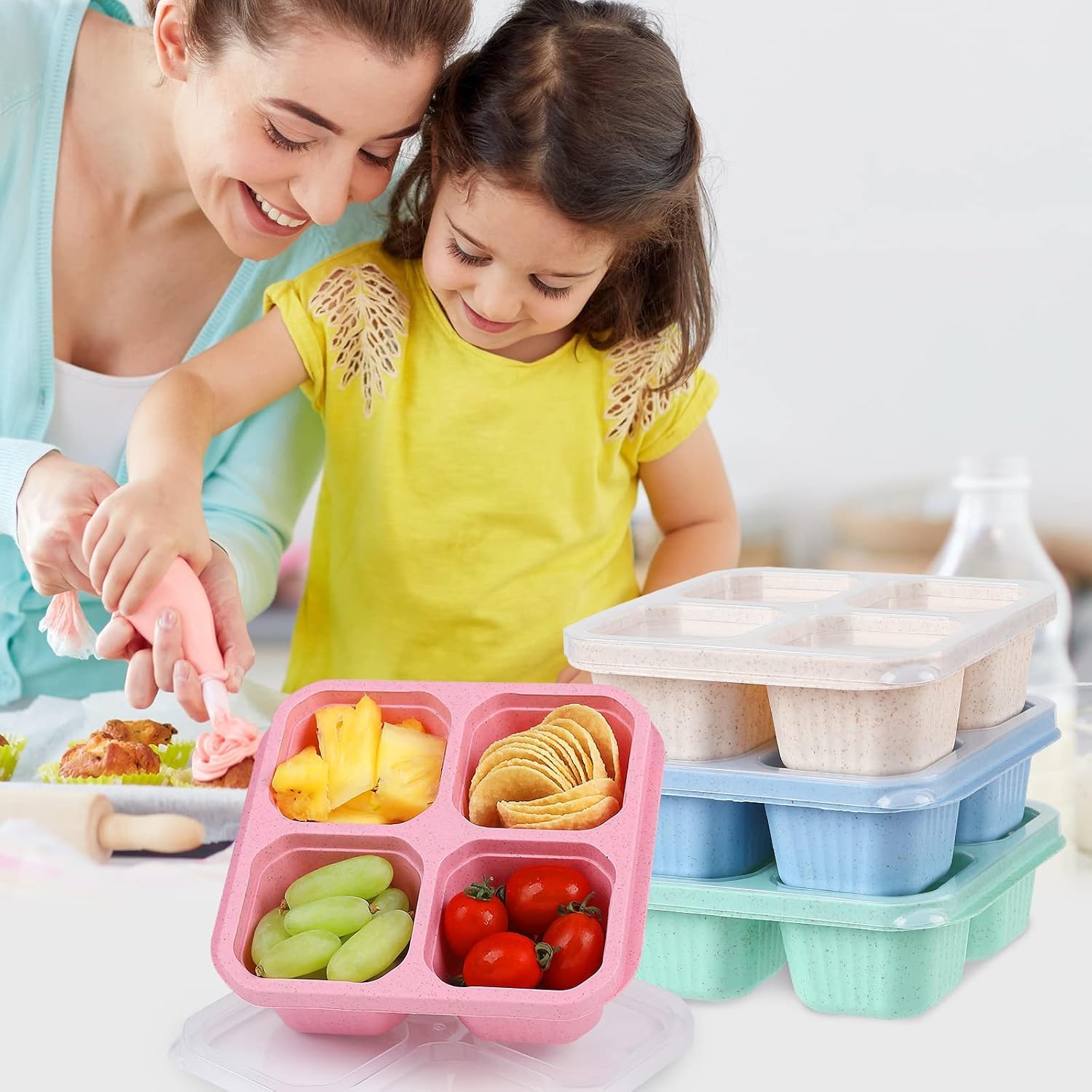 Jagney 4 Pack Bento Lunch Box, 4 Compartment Snack Containers, Divided Bento Snack Box, Work and Travel, Meal Prep Containers Kids/Toddle/Adults, Food Storage Containers for School.