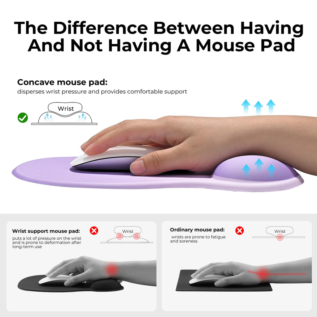 EooCoo Ergonomic Mouse Pad with Gel Wrist Rest Support Middle Concave Design Mousepad for Pain Relief, Non-Slip Base Mat Computer Desk Accessories for Cafe, Home & Office, Purple