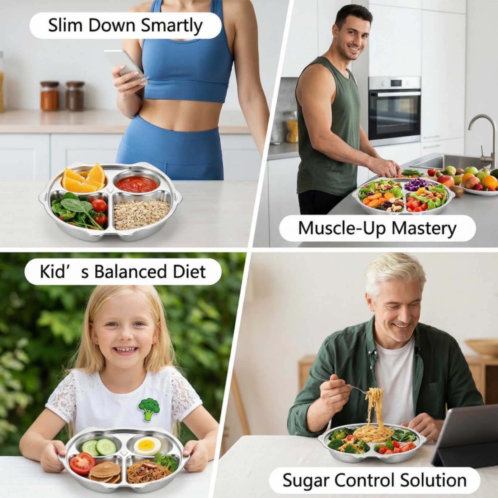 Noamus 3 Pack Stainless Steel Divided Plates, 9 Inch 304 Dinner Platter, Diet Portion Control Tray, 4 Sections Owl Shape Meal Plate for Adult Children Picky Eaters, Camping Dish Lunch Snack