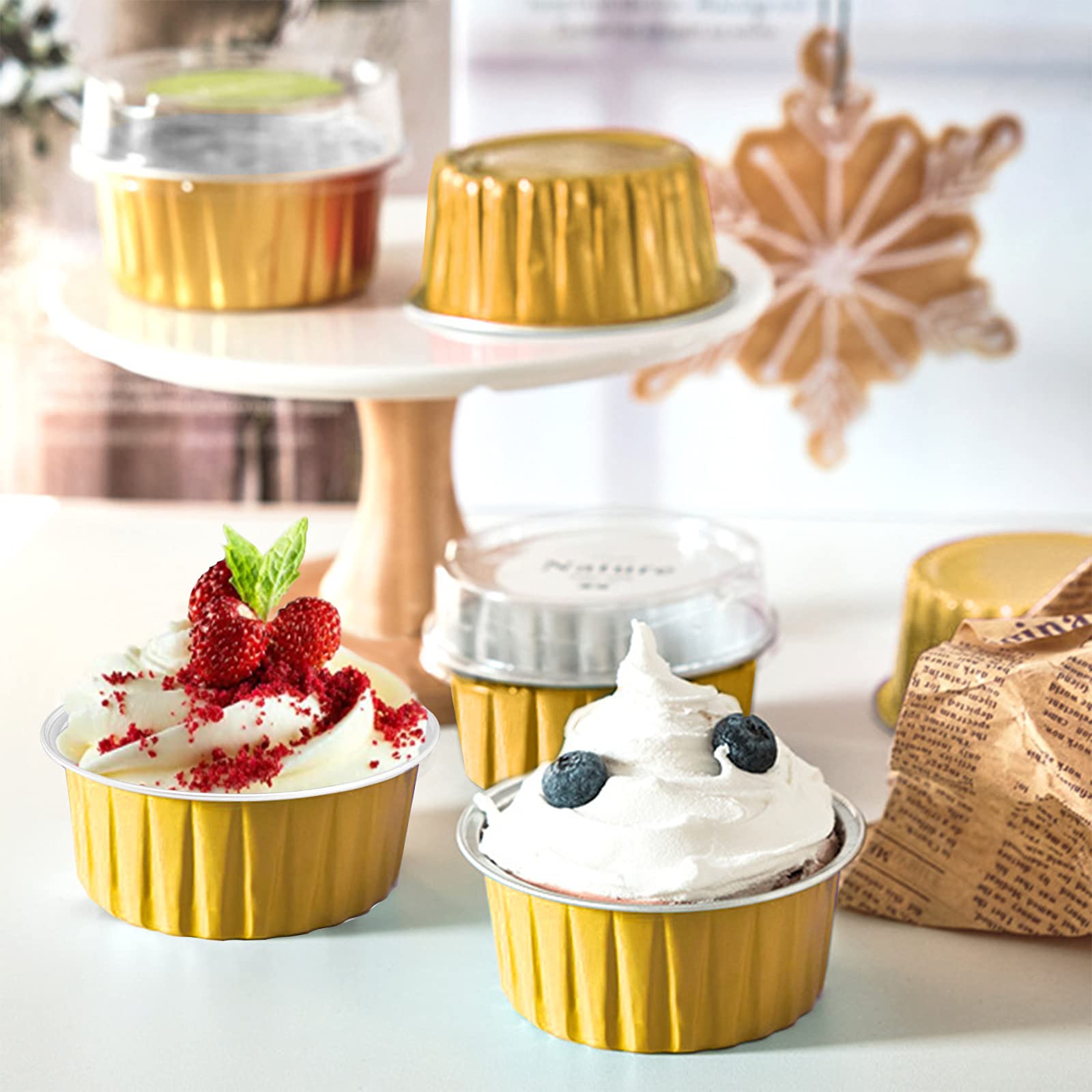 DEAYOU 100-Pack Aluminum Foil Baking Cups with Lids, 5oz Muffin Cupcake Ramekins, 3" Recyclable Cupcake Foil Liners Mini Tart Pie Tin Pan Holder for Souffle, Pudding, Party, Wedding, Gold