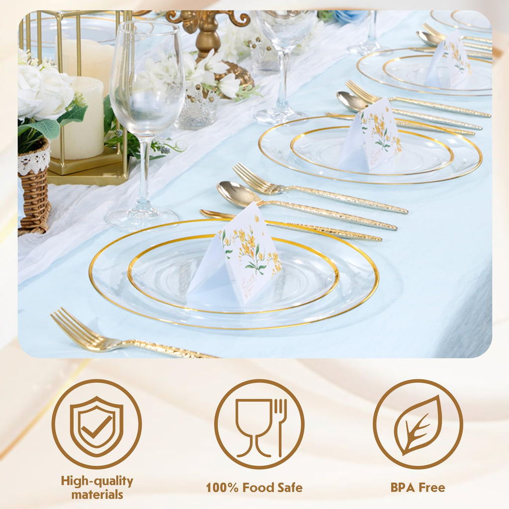 LIYH 60 Pcs Clear and Gold Plastic Plates Heavy Duty Clear Disposable Plates for Party Gold Plastic Plate for Wedding Birthday Include 30 Dinner 30 Dessert Plate