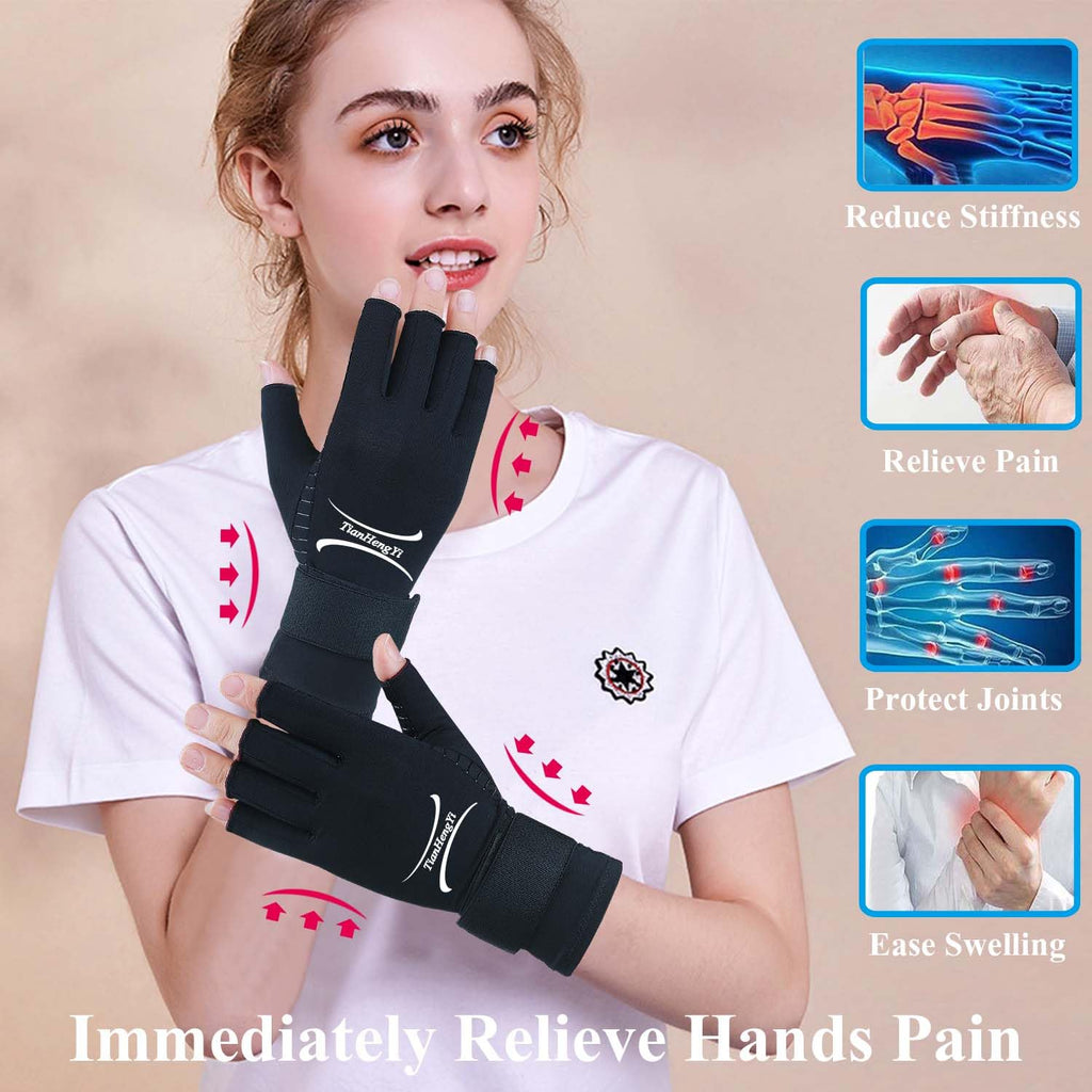 2 Pairs Copper Arthritis Gloves for Women Men, Fingerless Compression Gloves Relieve Hand Pain, Typing Gloves for Arthritis, Carpal Tunnel, Tendonitis, RSI with Adjustable Wrist Strap (Small/Medium)