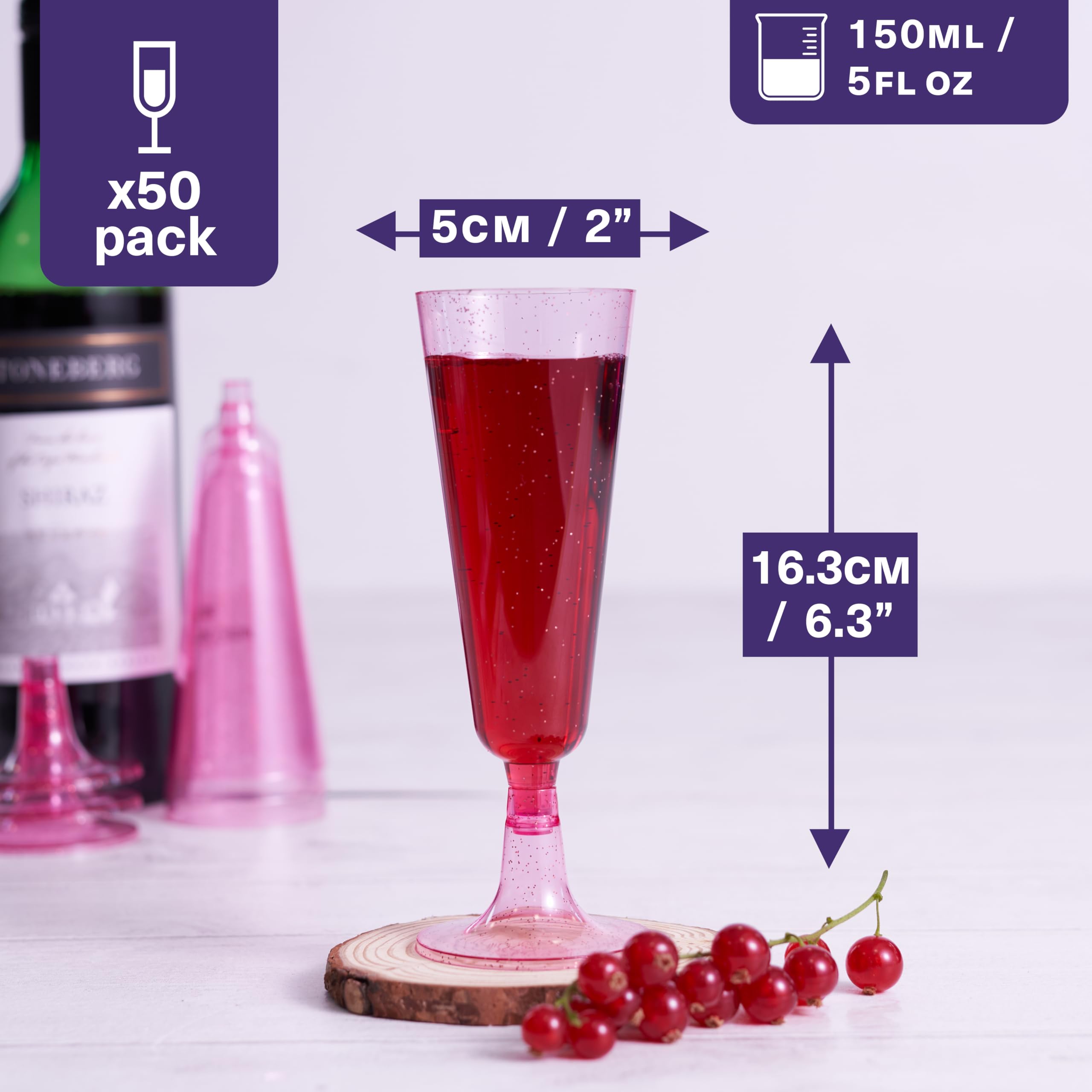 MATANA 50 Plastic Champagne Flutes Pink Glitter 5 oz/ 150ml - Reusable Champagne Glasses, Cocktail Glasses, Mimosa Glasses for Cocktails, Dessert, Wine - Toasting Glasses for Parties, Weddings