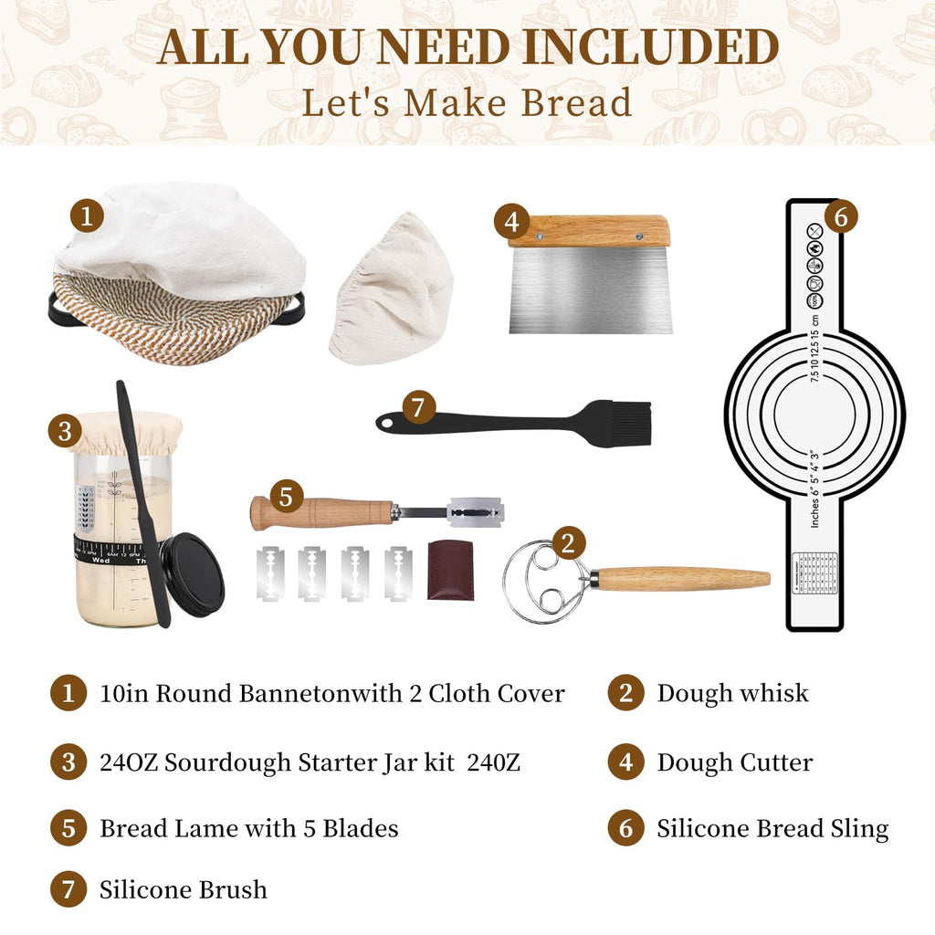 Sourdough Bread Starter Kit, Cotton Sourdough Kit Proofing Basket 10" Round, Banneton Bread Making Tools with Starter Jar,Dough Whisk,Bread Lame & Sling,Scraper and Brush Gifts for Bakers Women Mom
