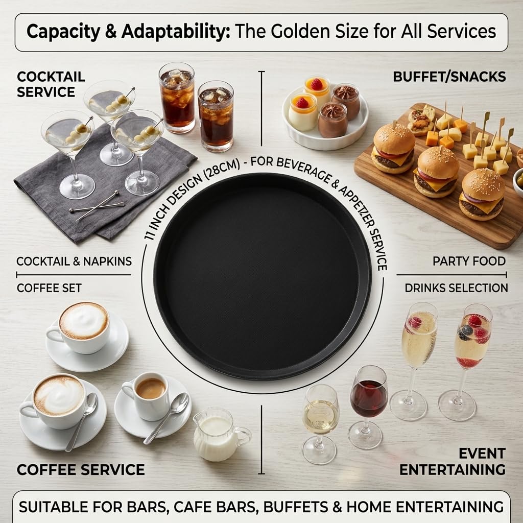 TOPZEA 3 Pack Restaurant Serving Trays, 11 Inch Fiberglass Black Round Tray Non Slip Food Service Platters Cocktail Beverage Server Tray for Restaurant, Bar, Buffet, Coffee Station, Catering Party