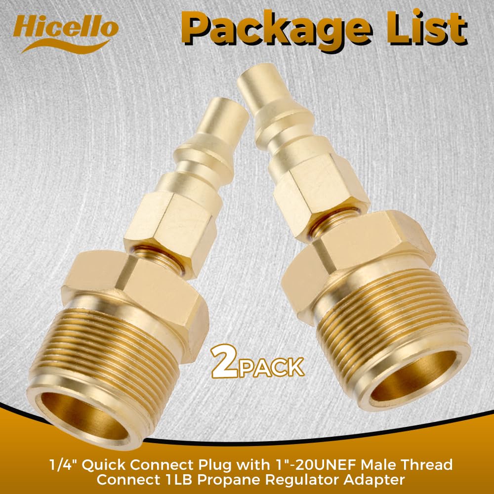 Hicello 2pcs 1/4" Quick Connect Plug with 1"-20UNEF Male Thread Connect 1LB Propane Regulator Adapter, Solid Brass Propane Connect Convert Fitting for BBQ Grill, Heater Hook Up RV Trailer Gas Supply