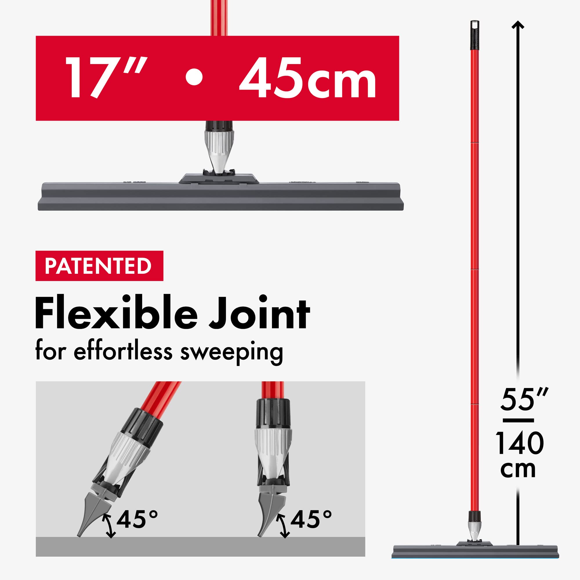 Tyroler Floor Squeegee Heavy Duty 45CM 100% Silicone Head Squeegee Broom, Anti-Rust 4 Part Handle, Squeegee Floor for Washing, Bathroom, Deck & Garage