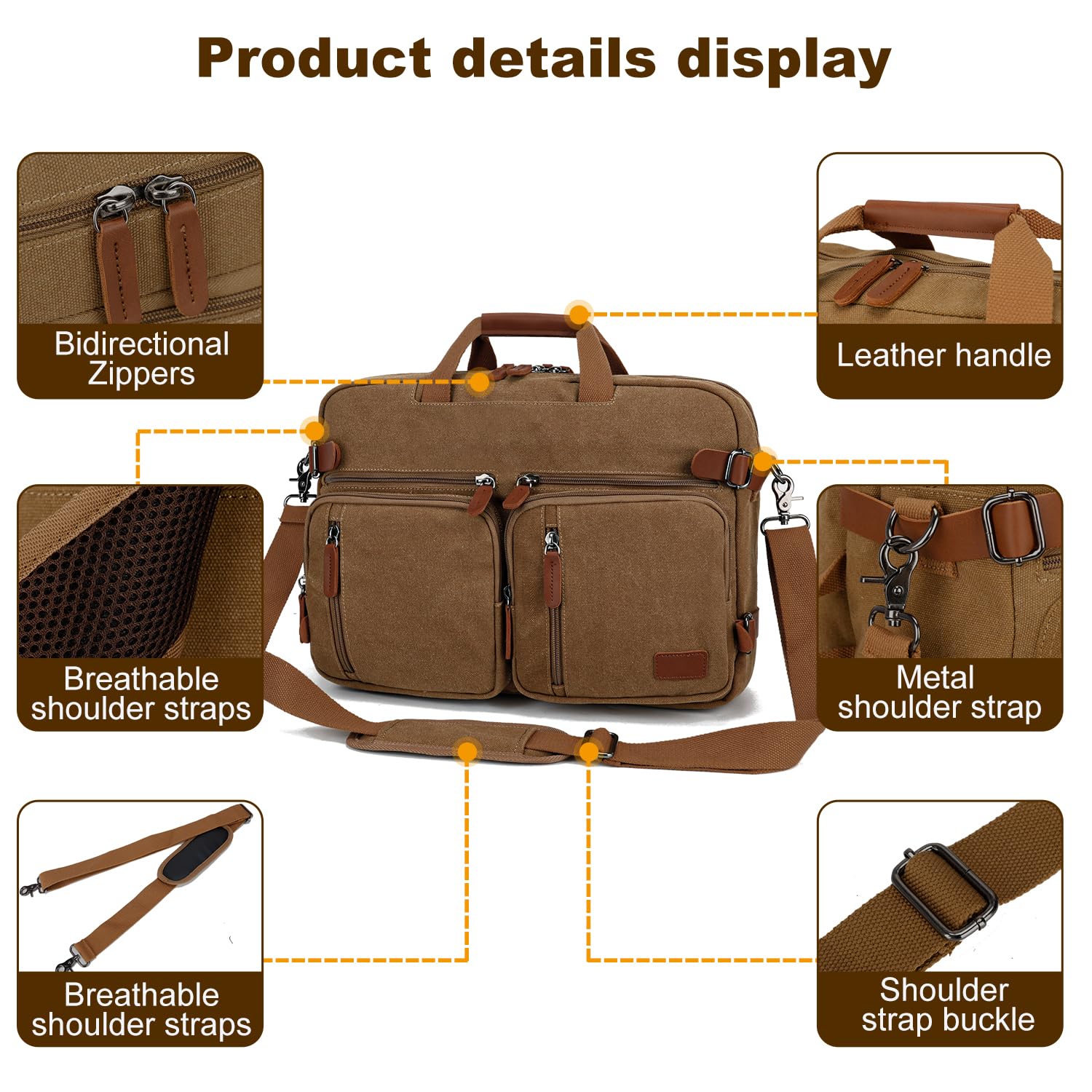 Koolehaoda 3 in 1 Convertible Briefcase Backpack 17.3 inch Laptop Backpack Case Messenger Bag for Men, Multi-Functional Computer Bag for Travel Bussiness Men Women (Coffee)