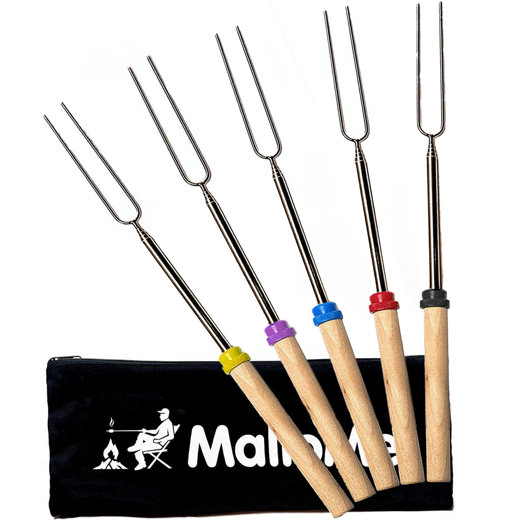 MalloMe Marshmallow Roasting Sticks - Smores Skewers for Fire Pit Kit - Hot Dog Camping Accessories Campfire Marshmellow 32 Inch Long Fork - 5 Pack