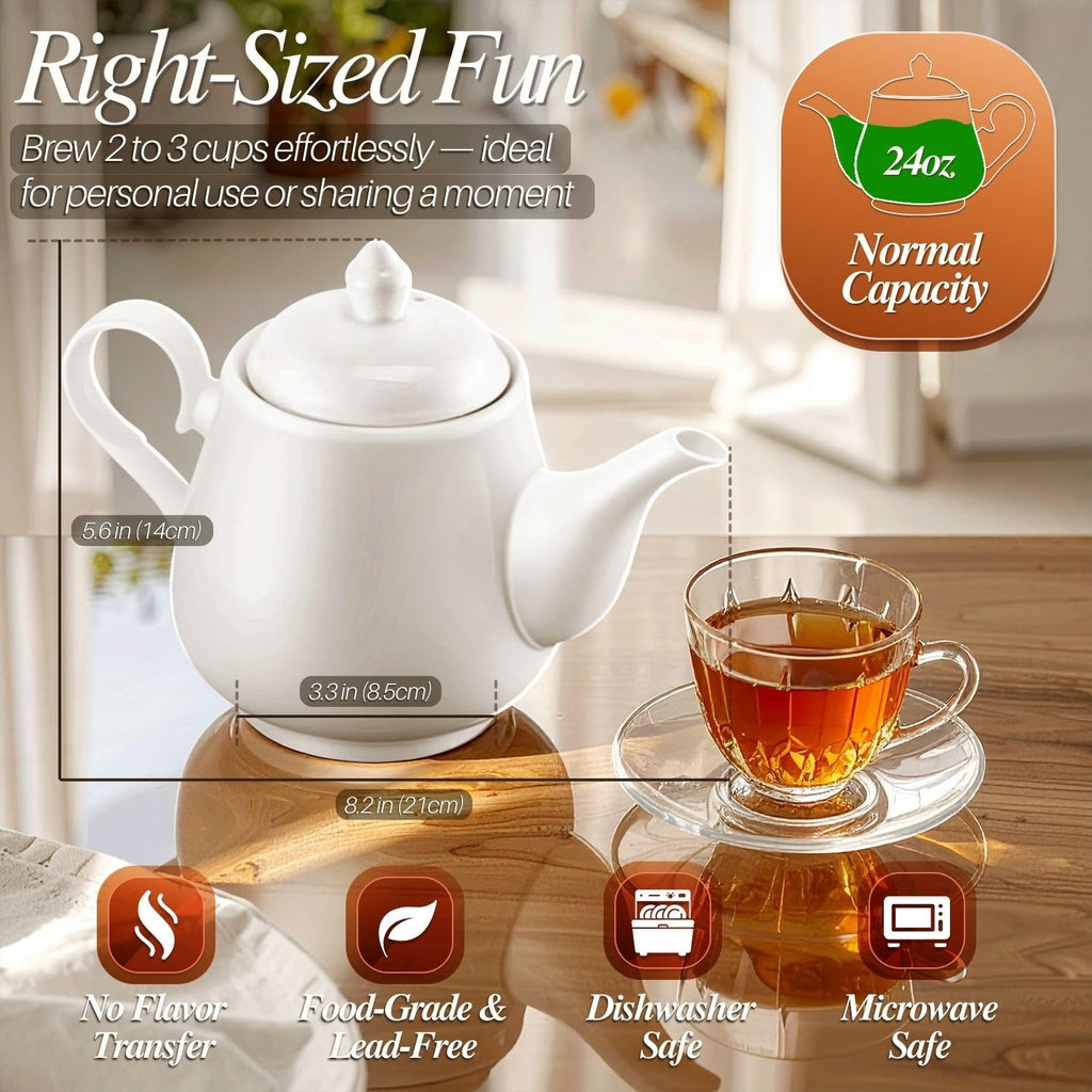 Flexzion Ceramic Teapot - 24oz White Porcelain Tea Pot with Lid for Loose Leaf or Bagged Tea, Small 2-3 Cup Personal Teapot, Classic Ceramic Teapots for Brewing, Microwave & Dishwasher Safe