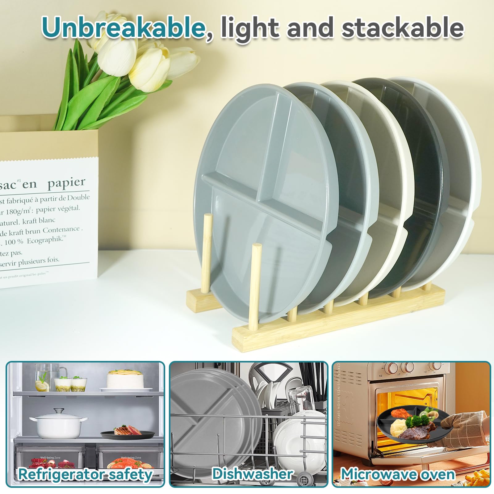 DYB DONGYONGBAO Portion Control Plate 9 Inch 5 Piece, Plastic Divided Plates for Adults with 3 Compartments, Microwave and Dishwasher Safe，Suitable for Adult and Kids