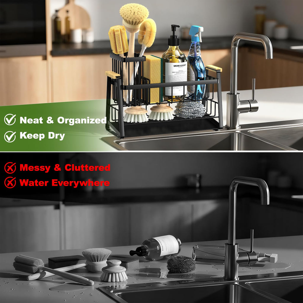 Housolution Sponge Holder for Kitchen Sink, 2-Tier Sink Caddy Organizer with Flexible High Brush Holder, Kitchen Countertop Storage Accessories, Soap Dispenser Organizer, Rustproof